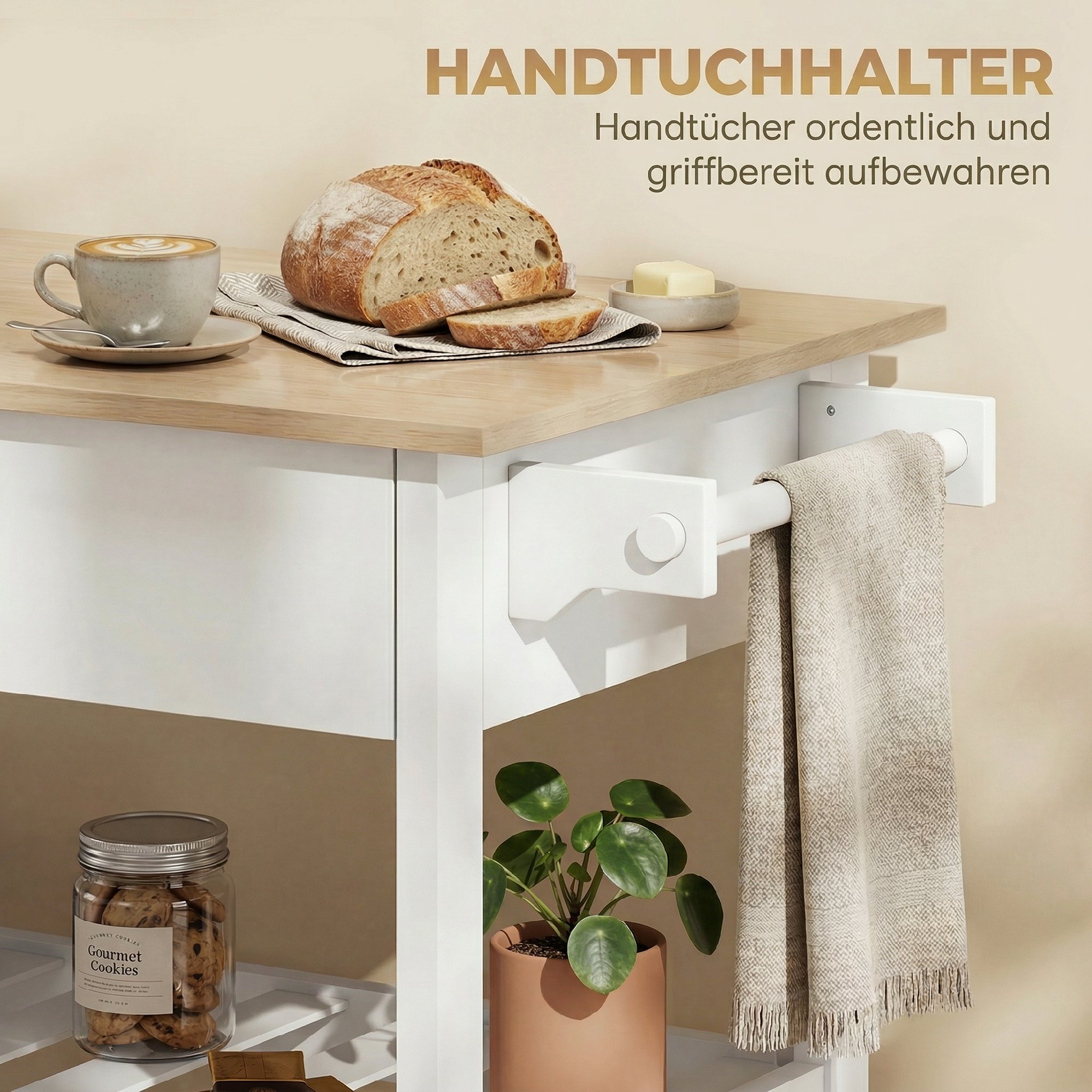 Küchenwagen mit Stauraum, Rollende Kücheninsel mit großer Arbeitsplatte, Schublade, 2 offenen Regalen, Handtuchhalter, Weiß