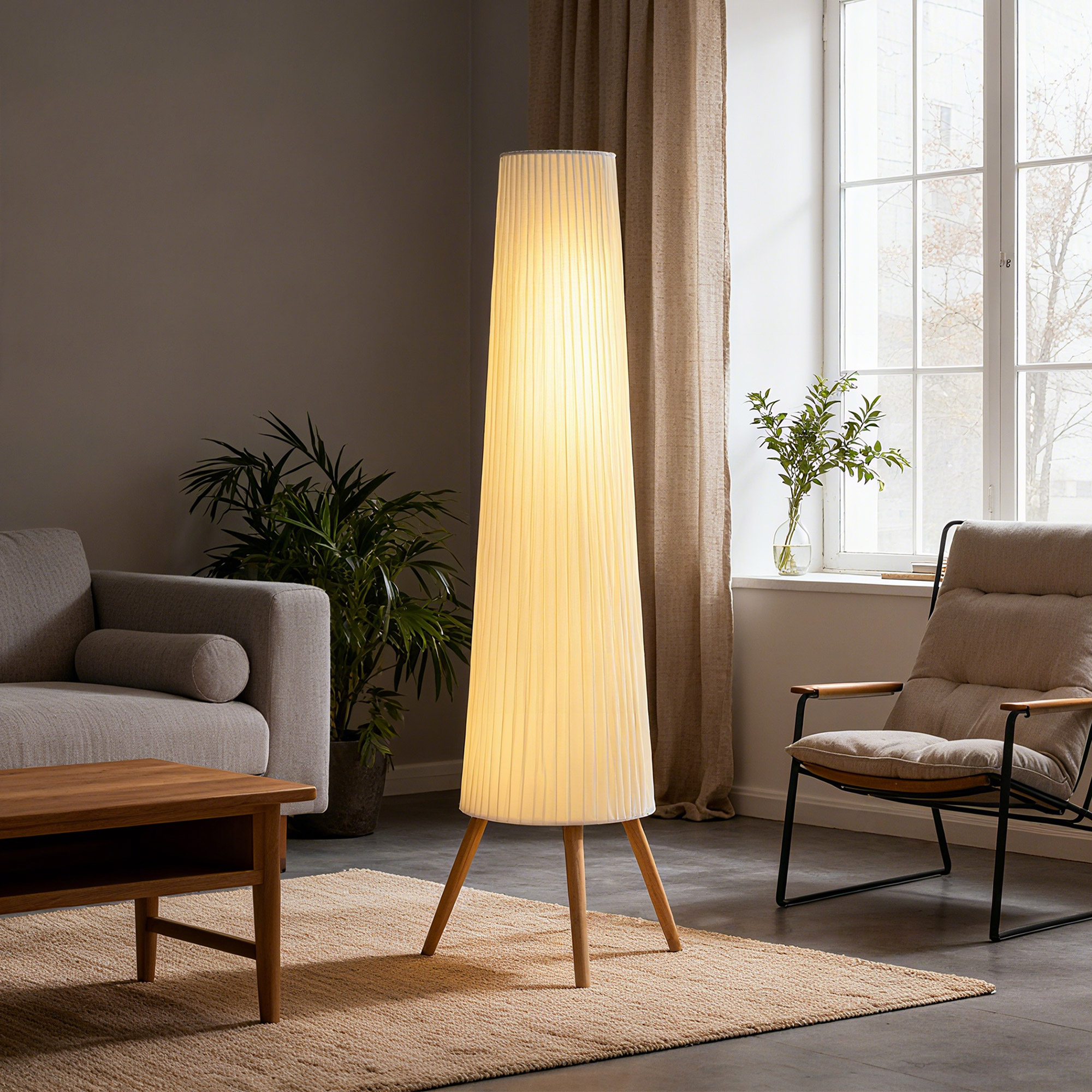 LED Stehlampe Wohnzimmer Dimmbar Holz mit Dreibein, Stehleuchte mit Fußschalter, 46 x 46 x 153 cm, Weiß