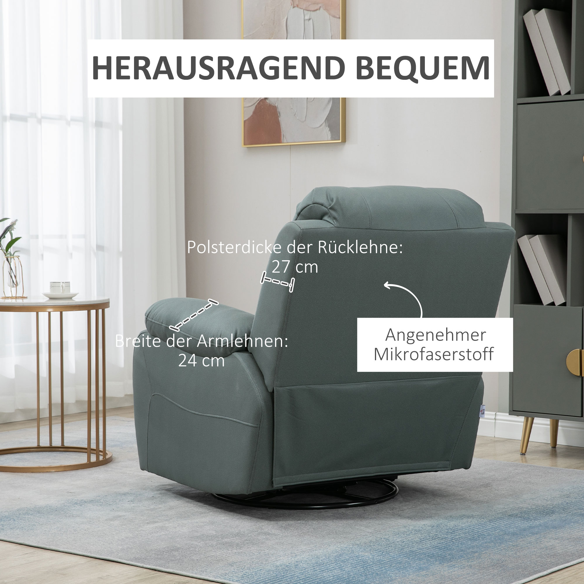Relaxsessel mit Neigungsverstellung bis 135° 360 Grad drehbar 93 cm x 100 cm x 98 cm Stahlgestell Grün