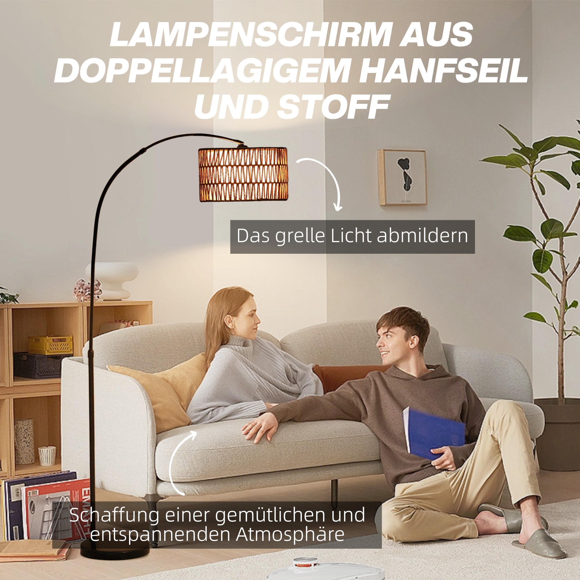 Stehlampe mit Hanfseil-Schirm, höhenverstellbar, Fußschalter, Metall, Schwarz