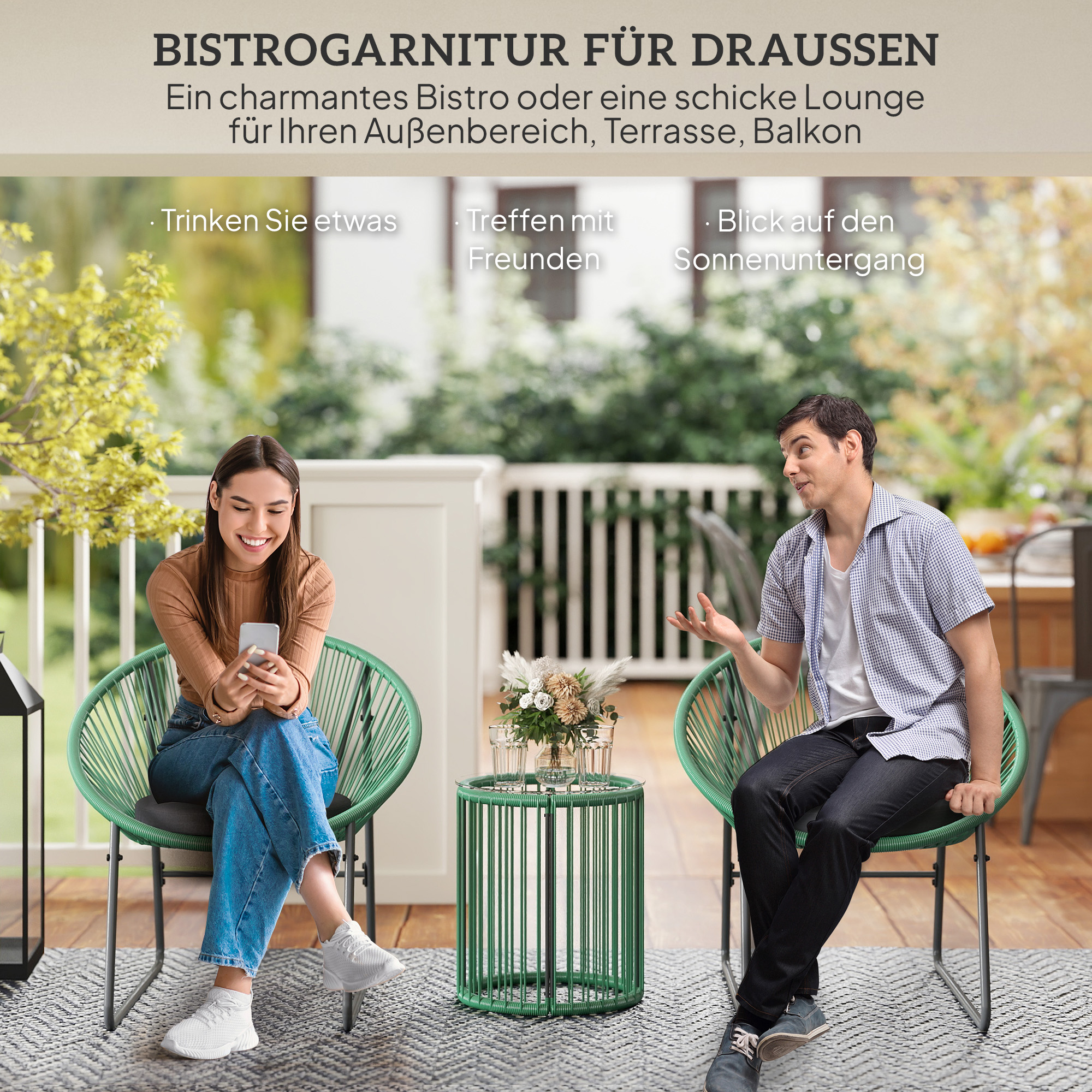3-teiliges Outdoor-Möbelset, 1 Tisch, 2 Stühle, Glastischplatte, Kunststoff-Rattan um Stahlrahmen, weiche Kissen, Grün