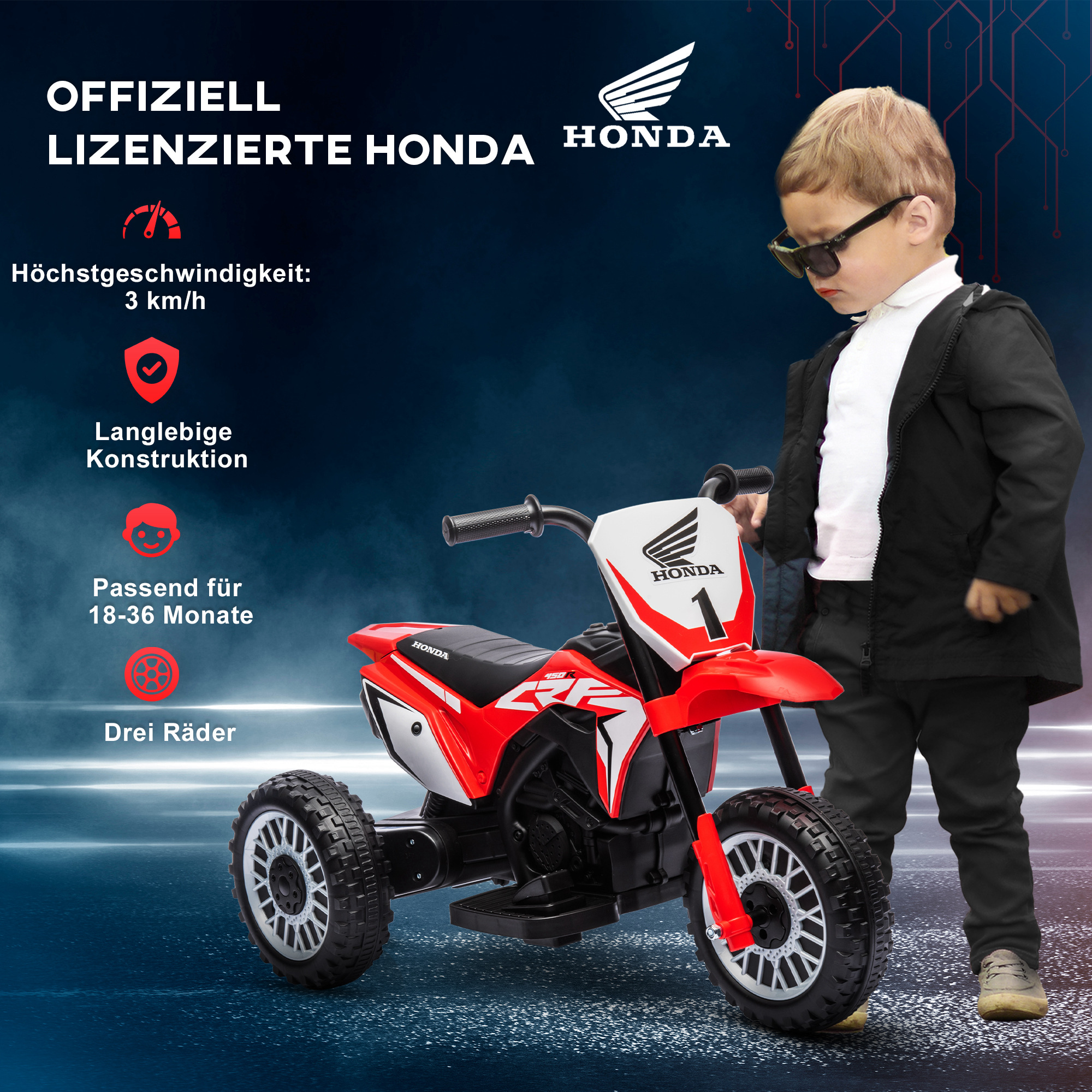 Elektro Kindermotorrad Honda, 3 km/h, Soundeffekte, für 18-36 Monate, Rot