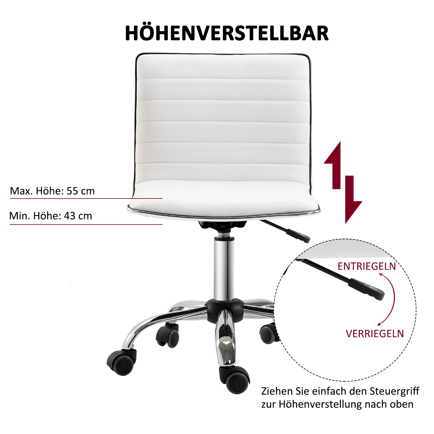 Friseurstuhl, Salonstuhl mit Rückenlehne, höhenverstellbar, Stahl PU, Weiß, 48 x 52 x 78-90 cm
