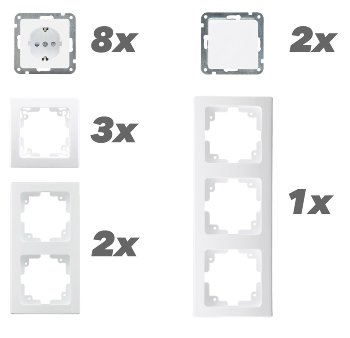 DELPHI Starter-Kit, 16-teilig "PRO",weiß / 8x Steckdose, 2x Schalter, Klemmanschluß