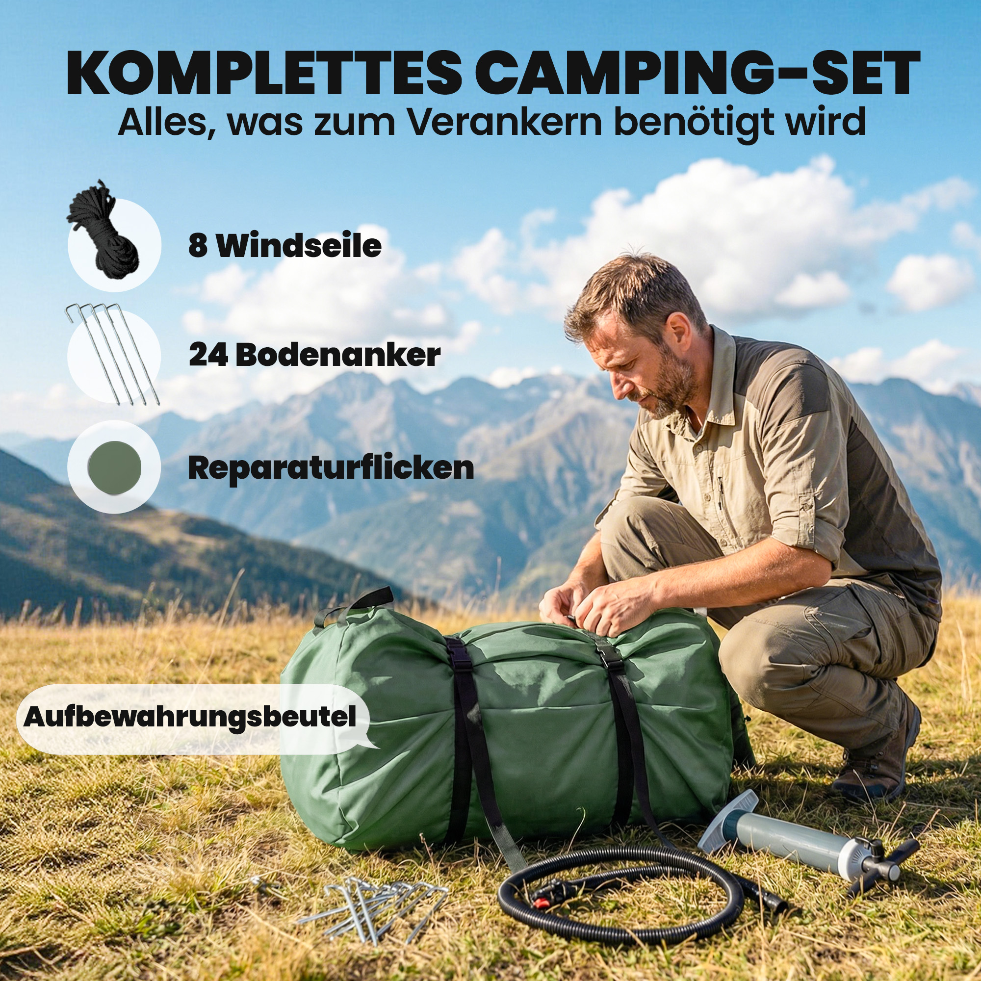 aufblasbares Zelt 8-10 Personen Schneller Aufbau 4-Jahreszeiten Wasserdicht Kratzfest Zelt mit Kaminöffnung Dachfenster