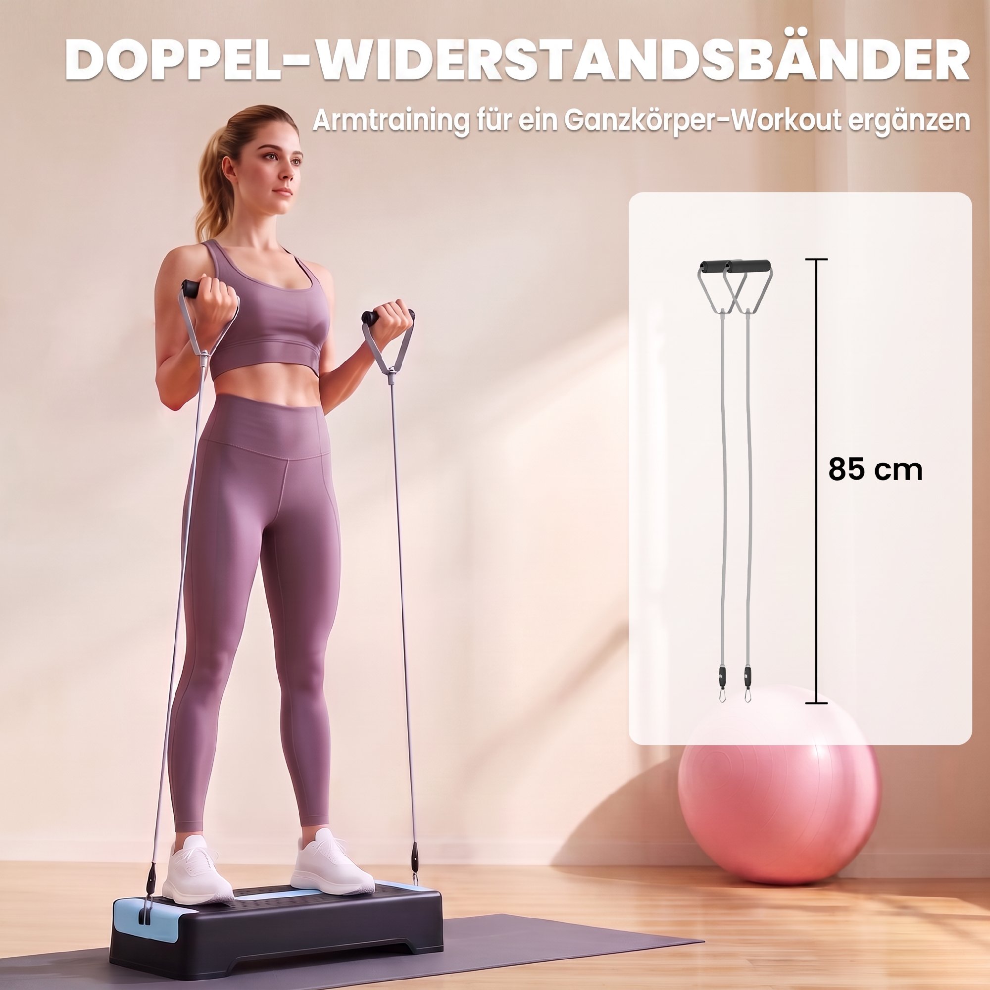 Steppbrett höhenverstellbar Fitness Aerobic Stepper mit 2 Stufen (11/16 cm) 2 Widerstandsbändern, Anti-Rutsch-Matte Blau