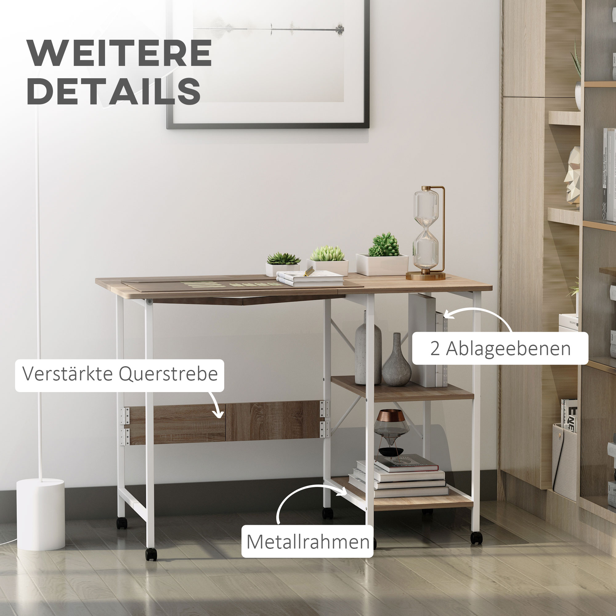 Klapptisch Schreibtisch Beistelltisch Bürotisch Mobiler Computertisch mit Rollen MDF Natur 107 x 55 x 76 cm