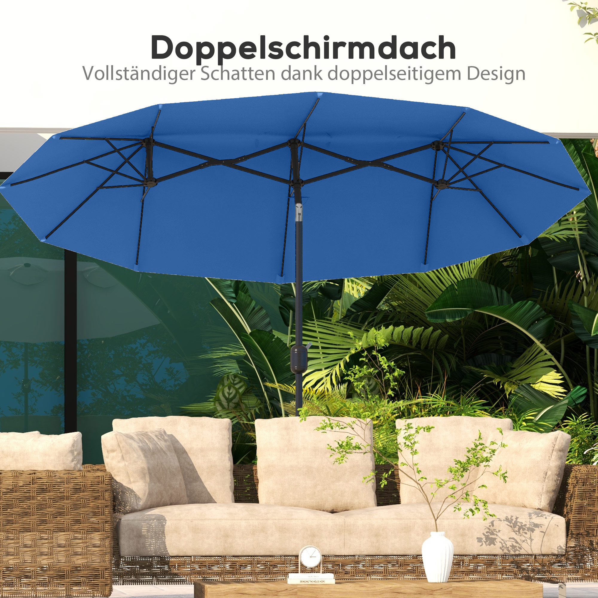 Sonnenschirm, Gartenschirm, neigbar, mit Handkurbel, Winddach, Polyester+Stahl, Marineblau, 285 x 147 cm