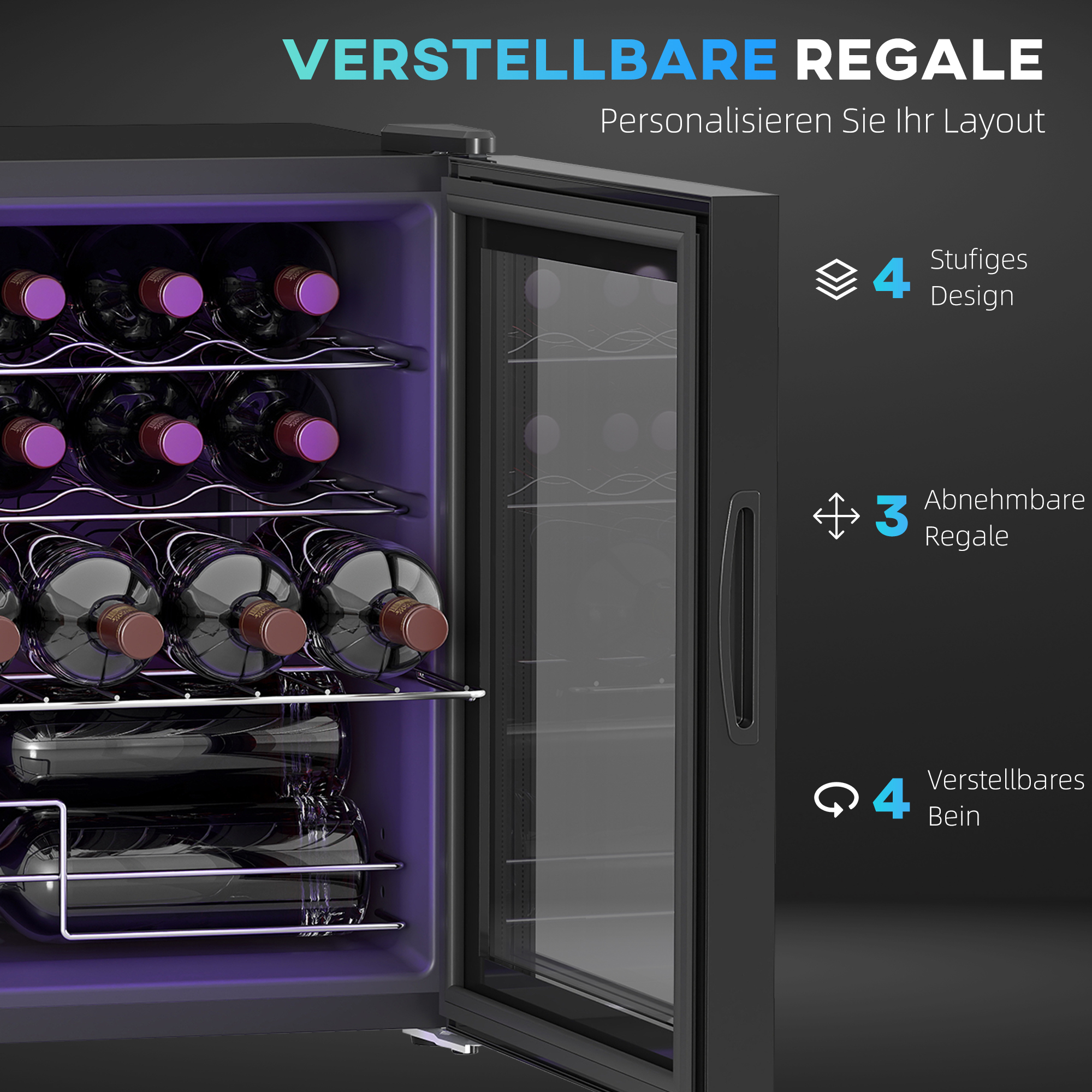 freistehender Weinkühlschrank, 16 Flaschen, für Hausbar, Wohnzimmer, Küche Touchscreen, Glastür, LED-Beleuchtung