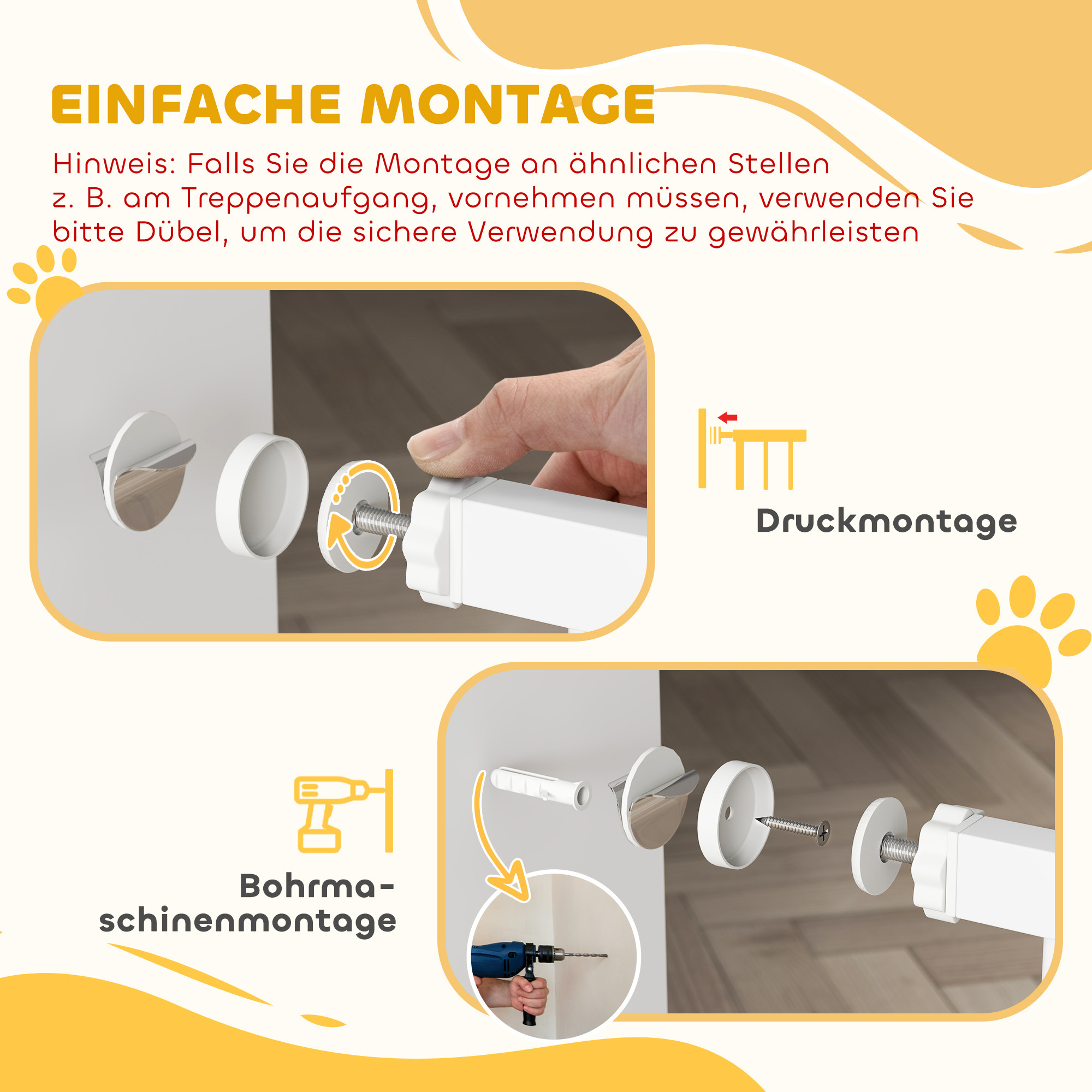 Treppenschutzgitter Türschutzgitter mit Katzenklappe ohne Bohren 75-85 cm aus Stahl für Hunde, Treppen, Tür, Weiß