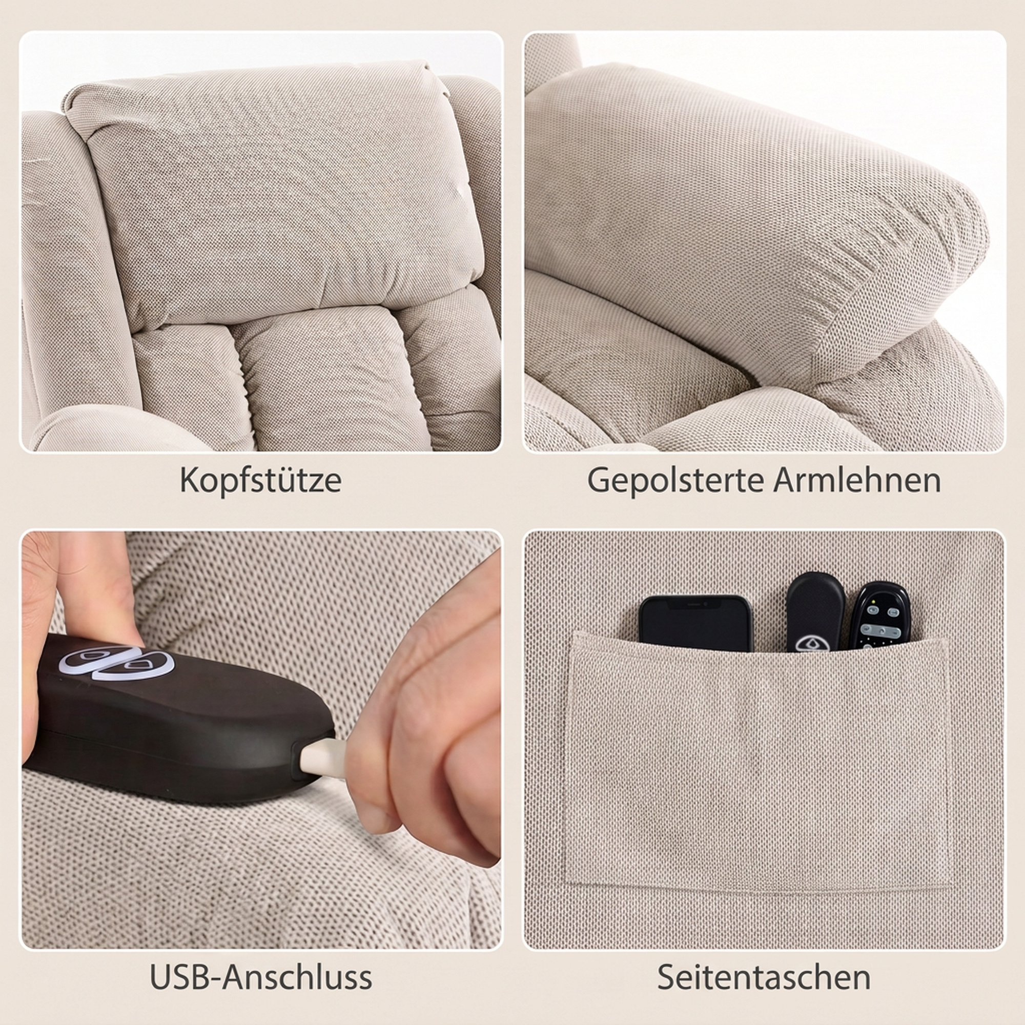 Fernsehsessel mit Massage- und Wärmefunktion, Elektrischer Aufsteh-Sessel, Fernbedienung, Seitentaschen, Beige