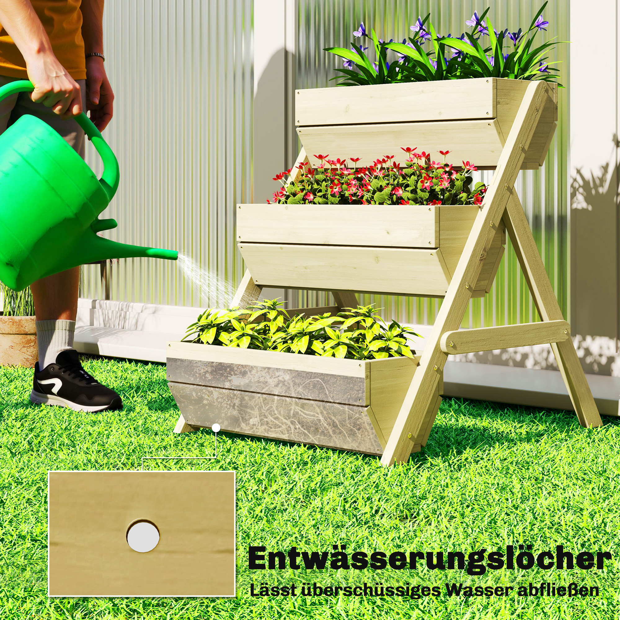 Vertikales Hochbeet mit 3 Etagen Vertikalbeet aus Holz Blumenkasten mit 3 Pflanzkästen Ablauflöchern Grün