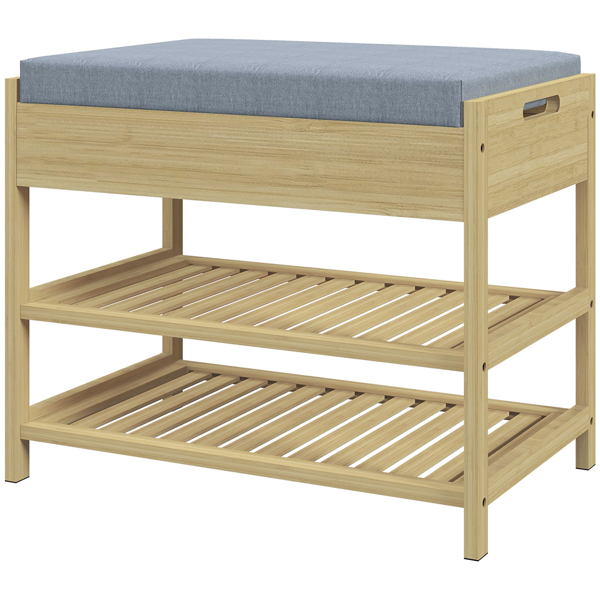 Schubank Schuhregal, 2 Ablagen, Sitzpolster, Bambus, 55 cm x 35 cm x 46 cm, Grau + Natur Schubank Schuhregal, 2 Ablagen, Sitzpolster, Bambus, 55 cm x 35 cm x 46 cm, Grau + Natur