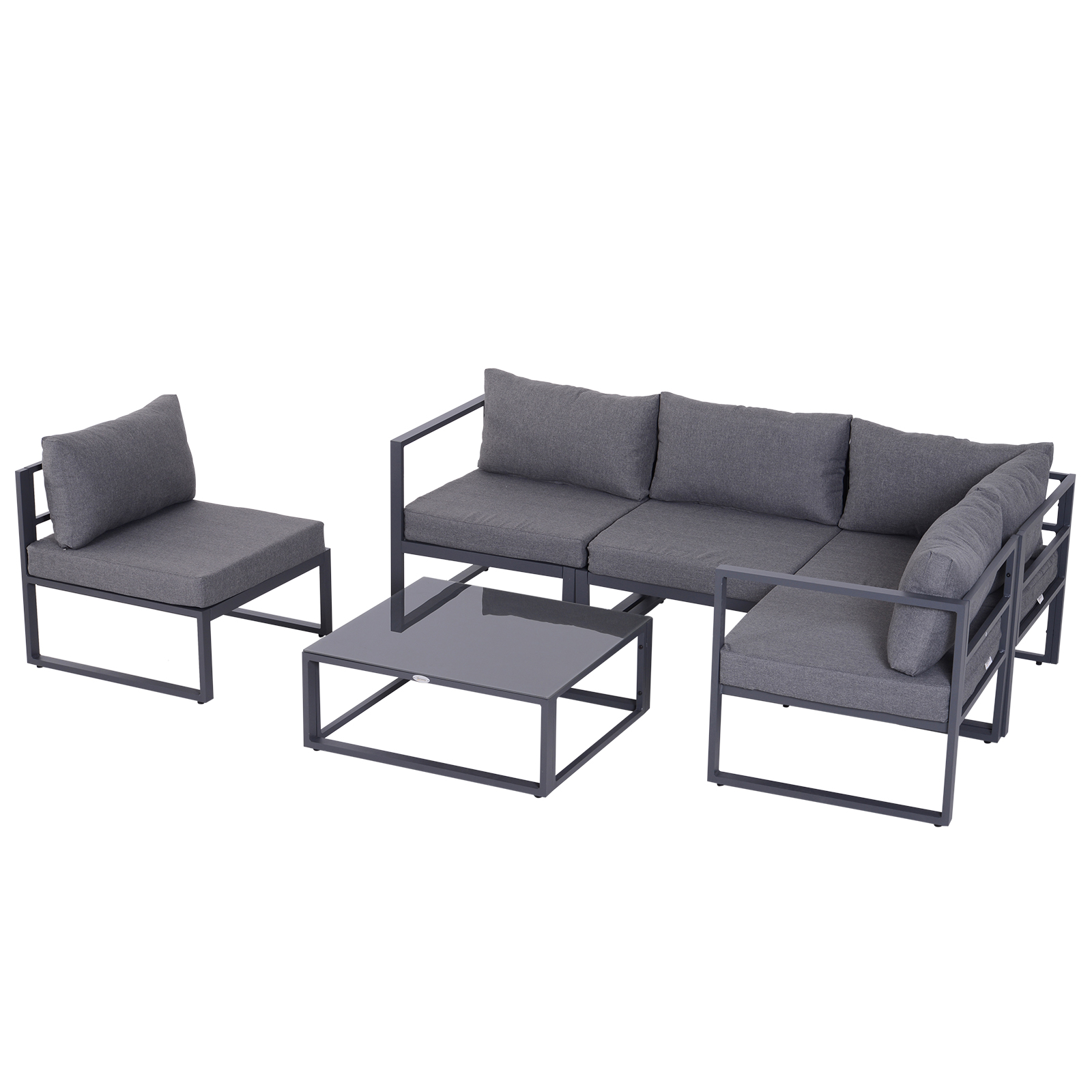 6-tlg. Gartengarnitur Gartenset Gartensofaset Sitzgruppe Gartenmöbel Alu+ Polyester + Hartglas Grau 4 x Sessel 1 x Ecksofa 1 x Beistelltisch Kissen für 4–5 Personen