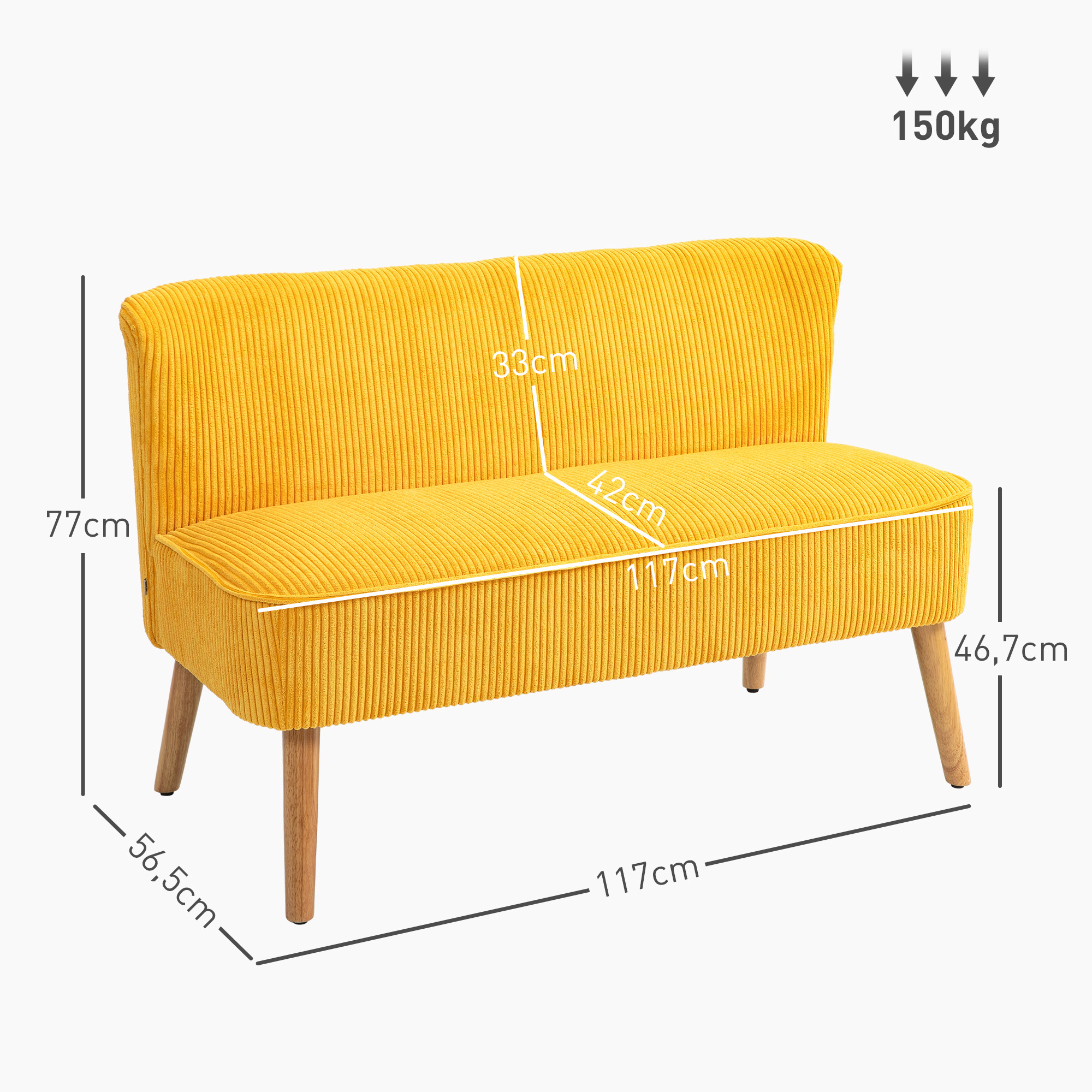 Zweisitzer-Sofa, elegantes Skandi Design, massiver Holzrahmen, bis 150 kg, 117 x 56,5 x 77 cm, Gelb