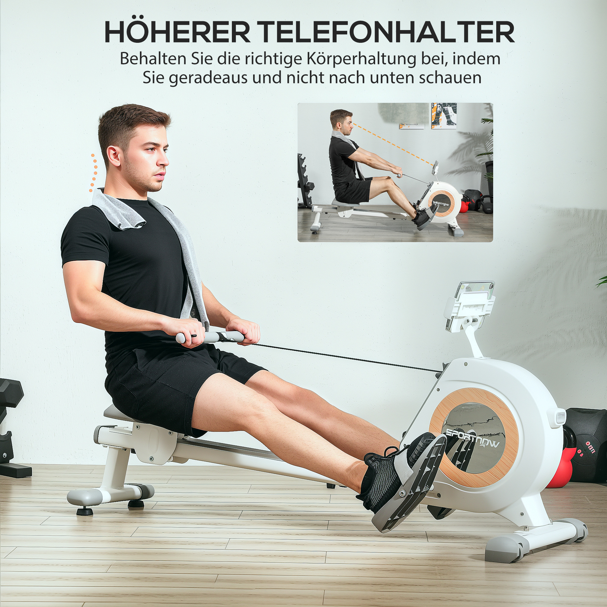 Rudergerät mit 16 einstellbaren Stufen, LCD-Monitor und Handyhalter, fürs Heimtraining, 150 kg Belastbarkeit