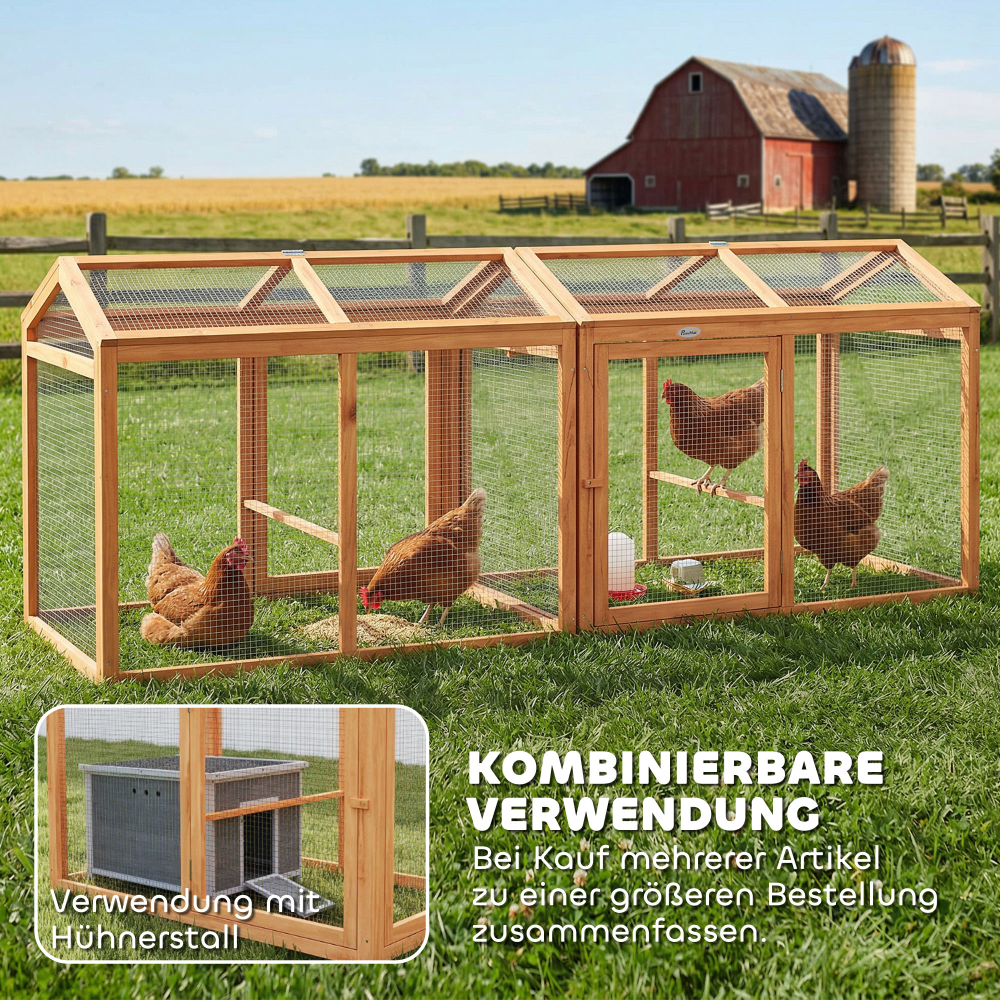 Hühnerstall Freilaufgehege mit Sitzstange Doppeltüren, aus Holz und Metall, für 2 Hühner, 104 x 70,5 x 84 cm Orange