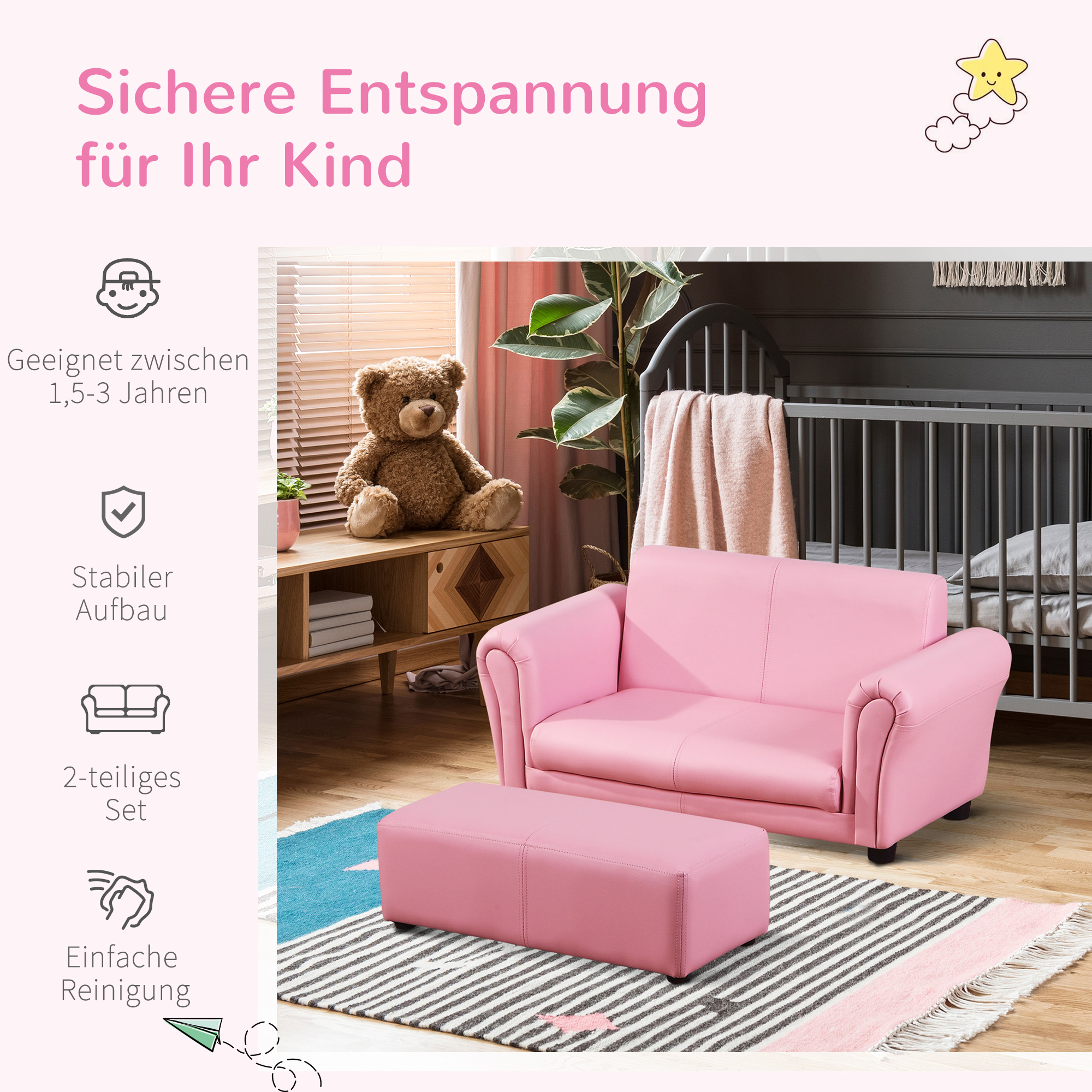 Kindersessel mit Fußhocker, Kindercouch mit Hocker, Kindersofa, Sofa Sessel, Rosa 83 x 42 x 41 cm