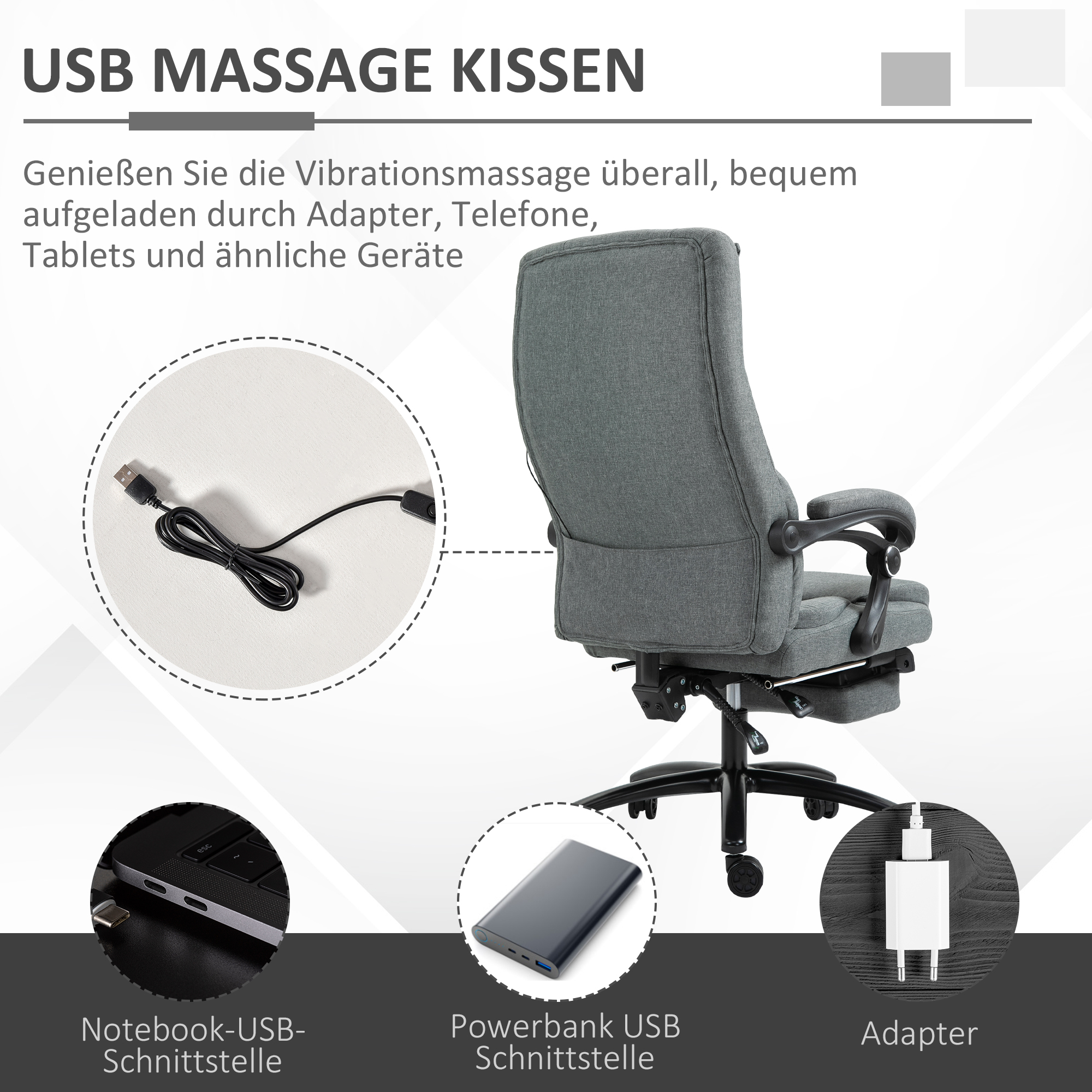 Bürostuhl massage, höhenverstellbarer Chefsessel, Gamingstuhl mit Fußstütze Massagefunktion, ergonomischer Drehstuhl, Massage Sessel, Leinen-Gefühl, Grau, 64 x 74 x 109-117 cm