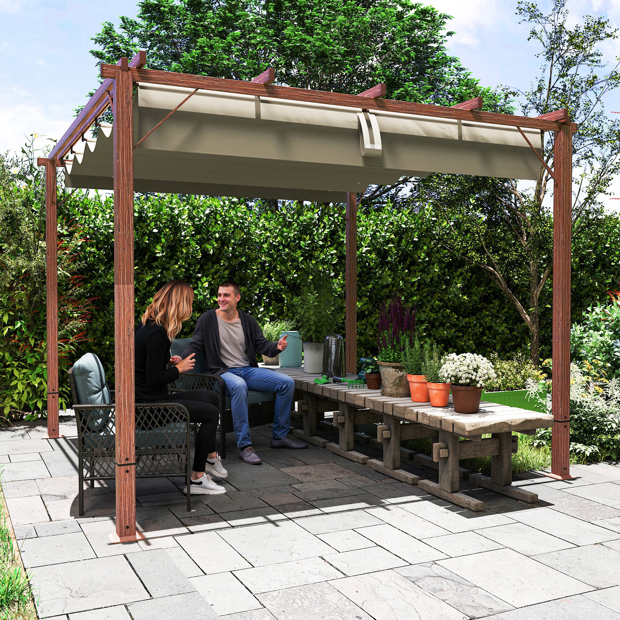 3 x 3 m Garten-Pergola, Verstellbares Terrassendach, Aluminium-Rahmen, UPF30+ Sonnenschutz, Naturholz