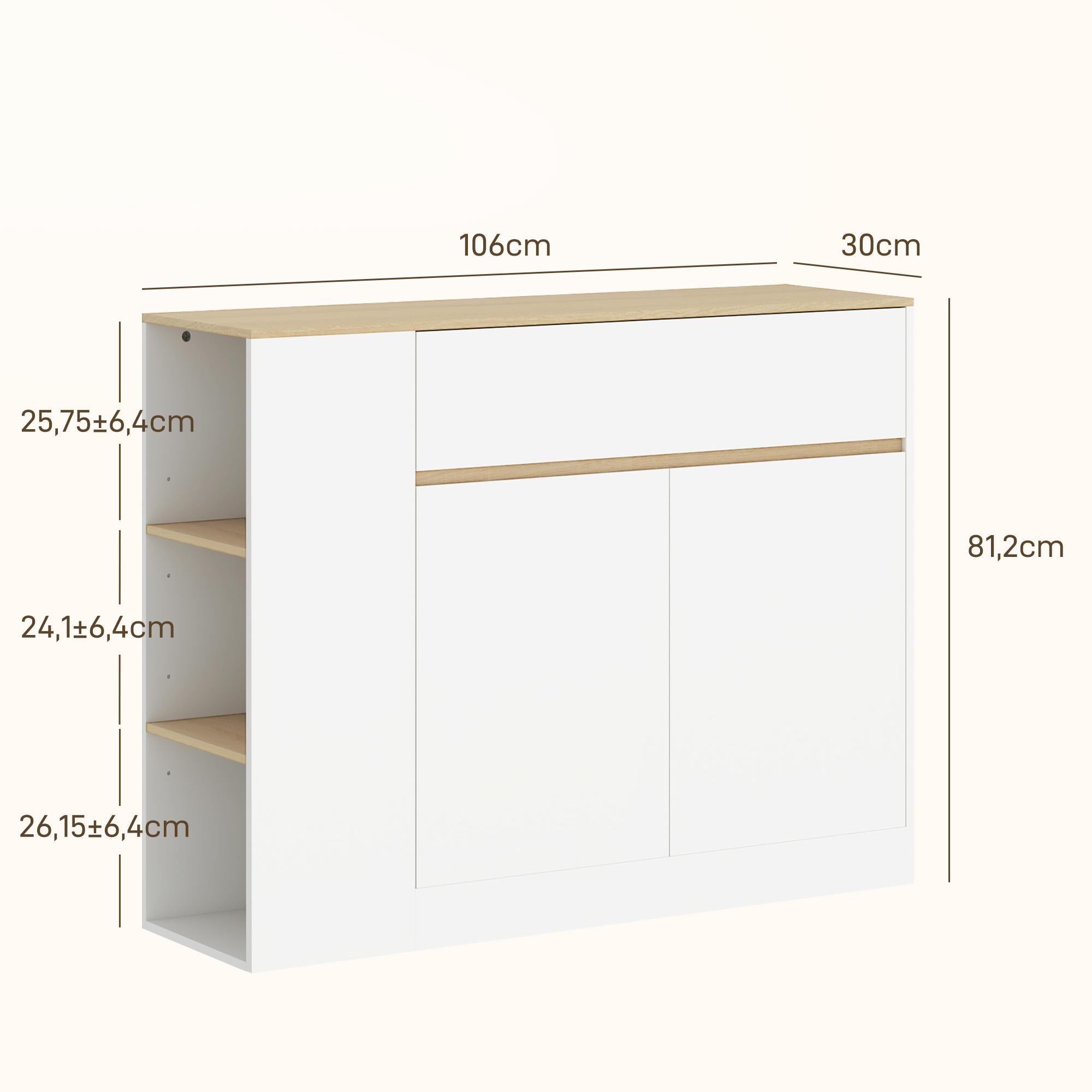 Sideboard, großes Schrankfach, 3 Ablagefächer, Schublade, 106 x 30 x 81,2cm, Weiß/Holz