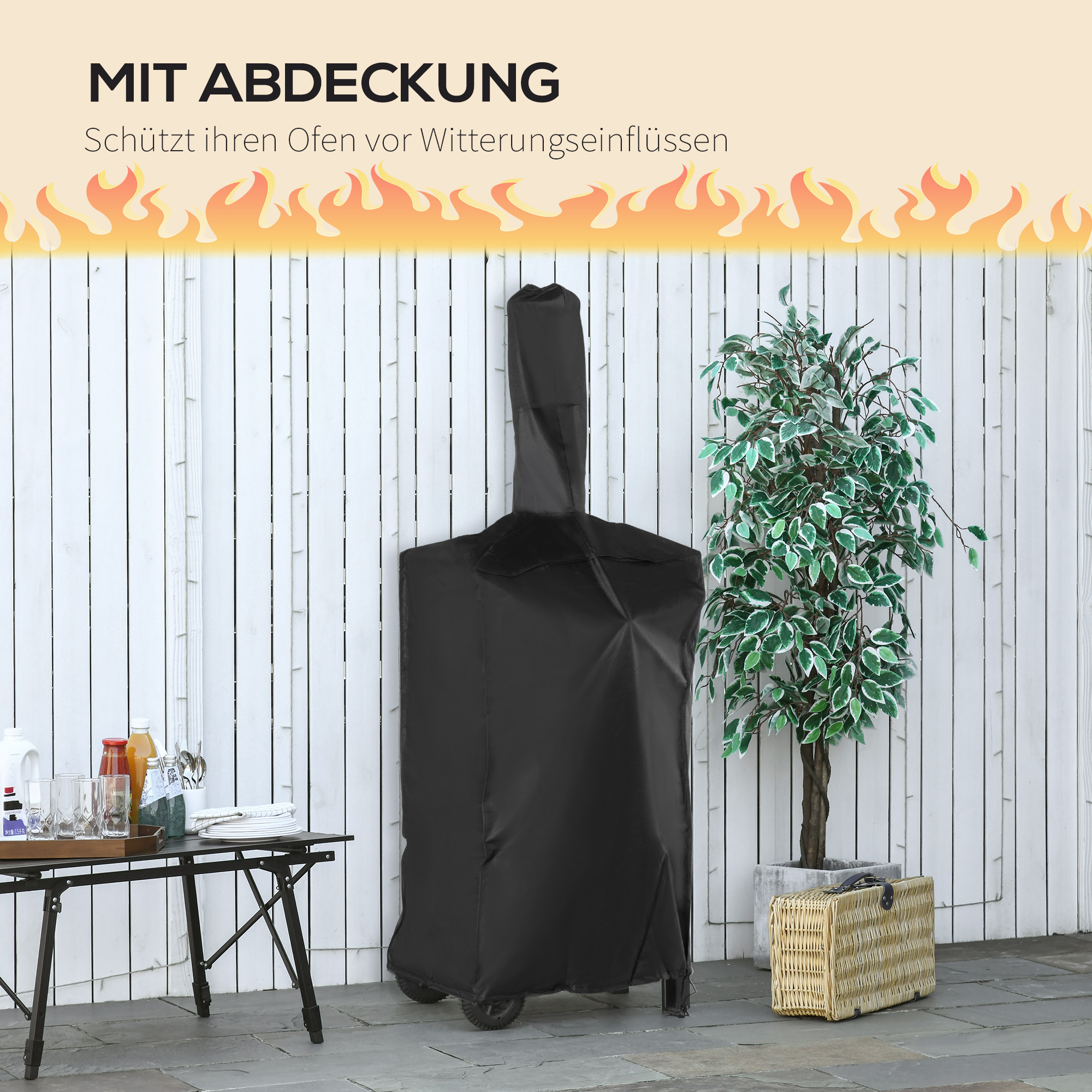 2-In-1 Pizzaofen Outdoor mit Rollen Grillofen mit Schutzhülle Pizzaschaufel 2 Grillnetzen Grillwagen mit Schornstein 3-Tier Holzbackofen für BBQ Stahl Schwarz+Silber 63 x 54 x 161 cm