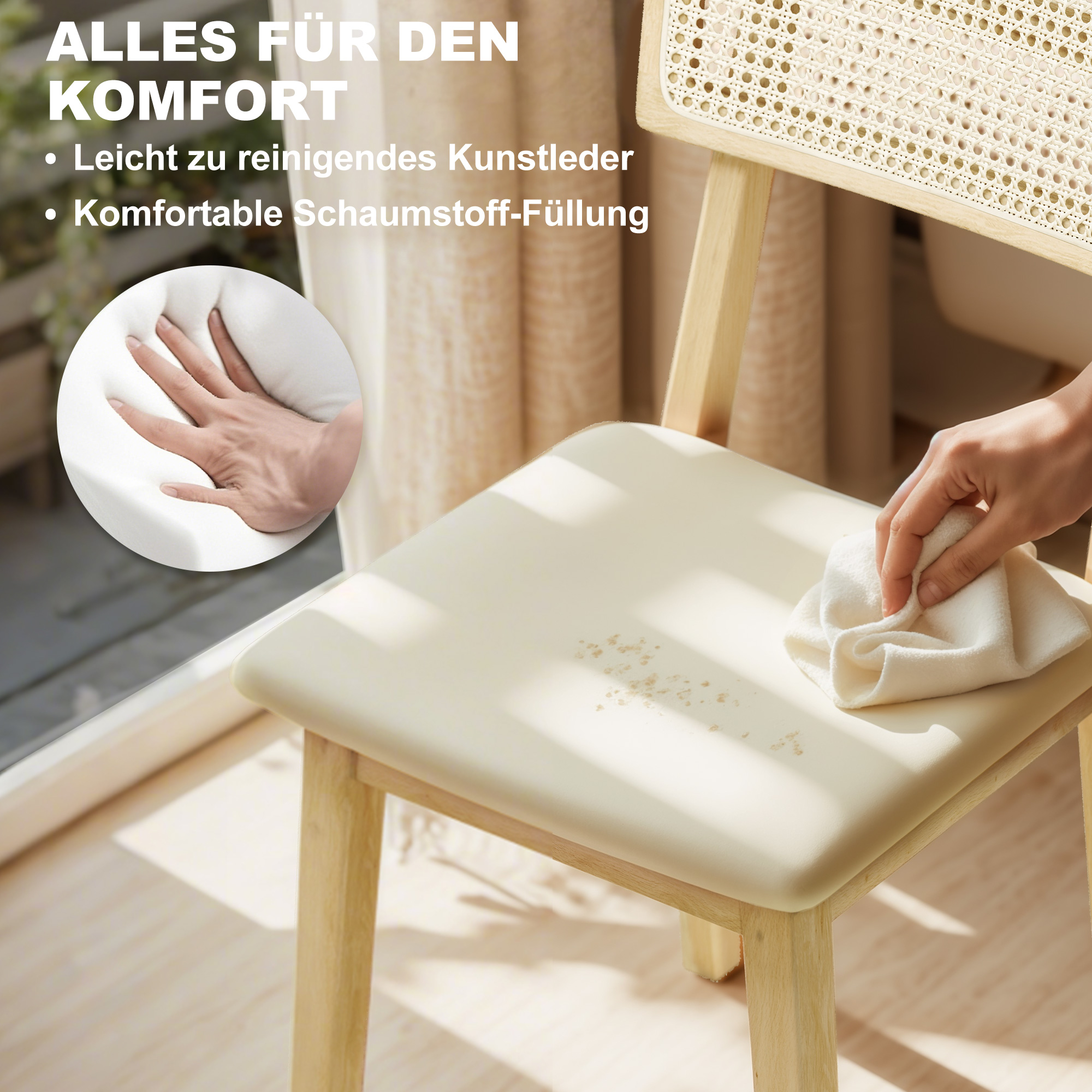 Esszimmerstuhl, Rattan-Rückenlehne, Kunstleder-Sitz, Kautschukholz, Naturholz