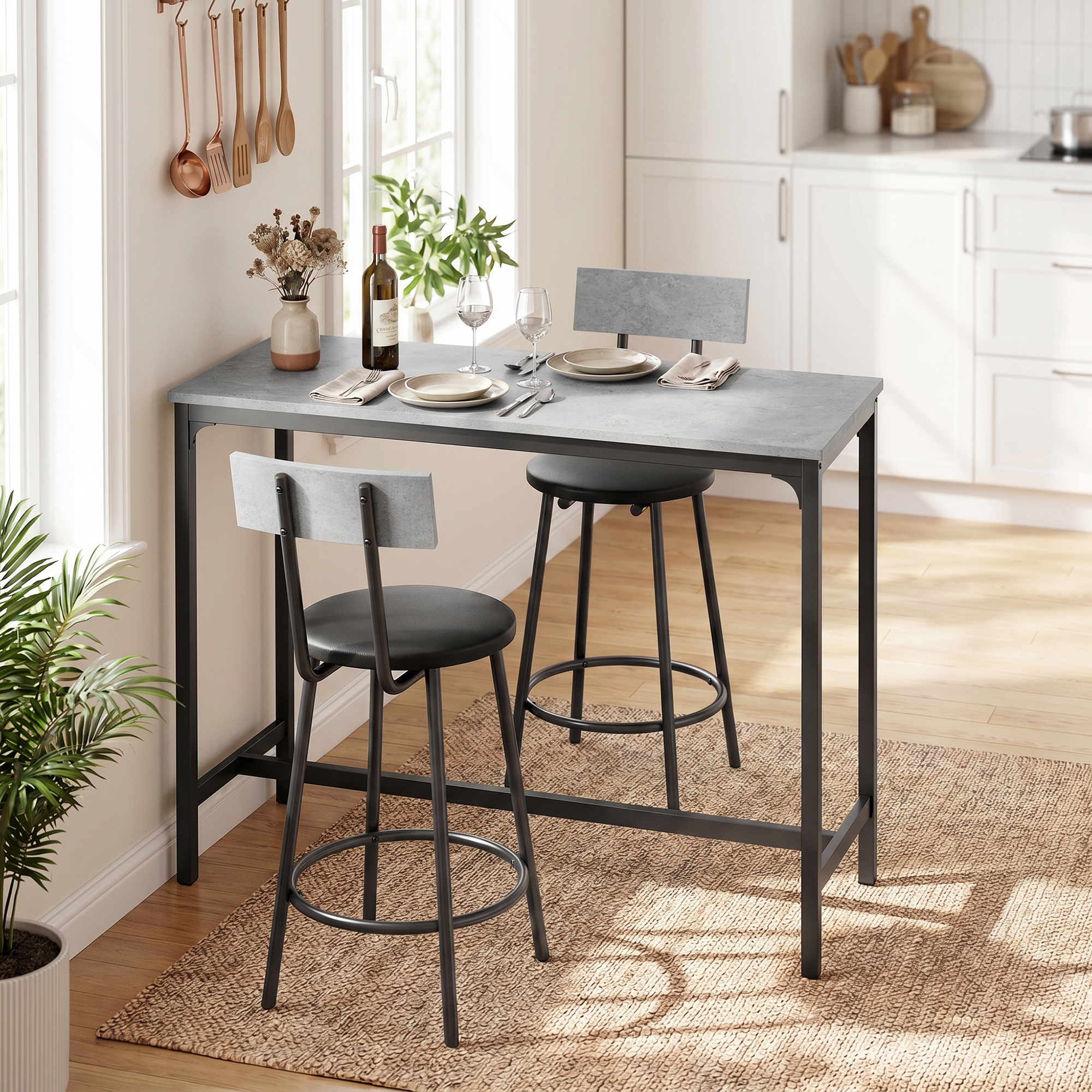 Bartisch mit Barhocker Set Tresentisch mit 2 gepolsterten Hockern mit Fußstütze für Esszimmer, kleinen Raum, Grau