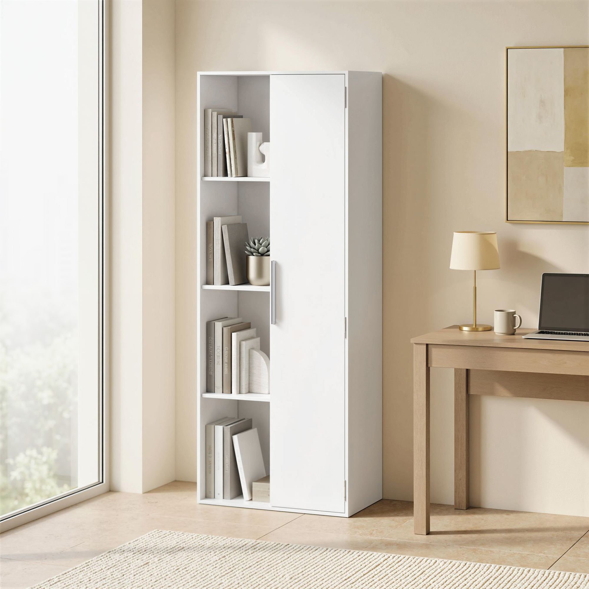 4-stöckiges Bücherregal mit verstellbaren Regalböden, Regal mit Schrank und Türen für Wohnzimmer, Arbeitszimmer, Weiß