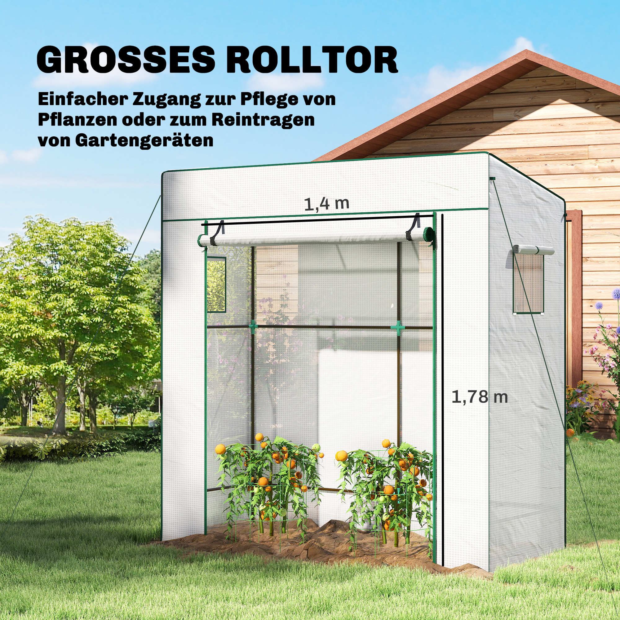 Tomatengewächshaus Foliengewächshaus mit Rolltor Mesh-Fenster Schrägdach 196 x 77 x 197 cm Weiß