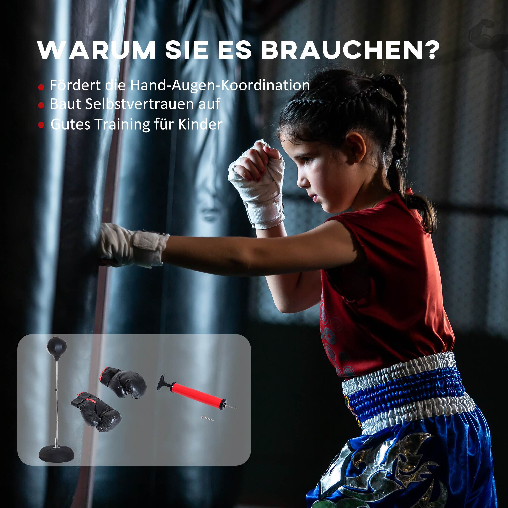 Box-Set mit Punchingball, höhenverstellbar, inkl. Boxhandschuhe, 126-144cm, Schwarz