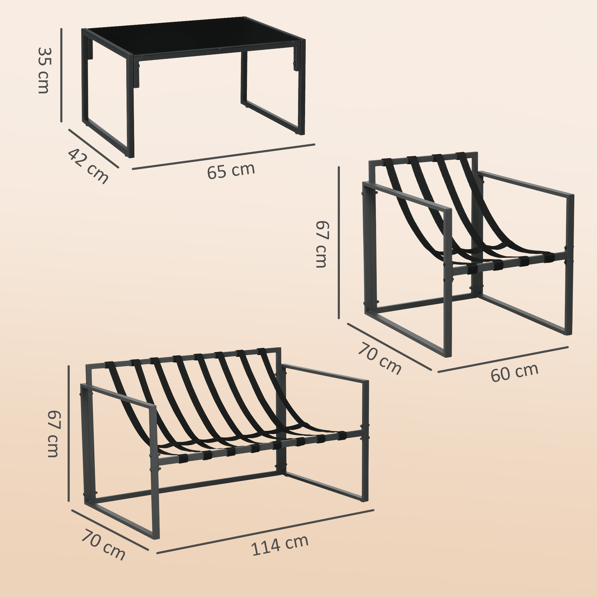 Gartenmöbel-Set, 1 Glastisch, 2 Sessel. 1 Sofa, wetterbeständig,114 cm x 70 cm x 67 cm, Grau+Beige