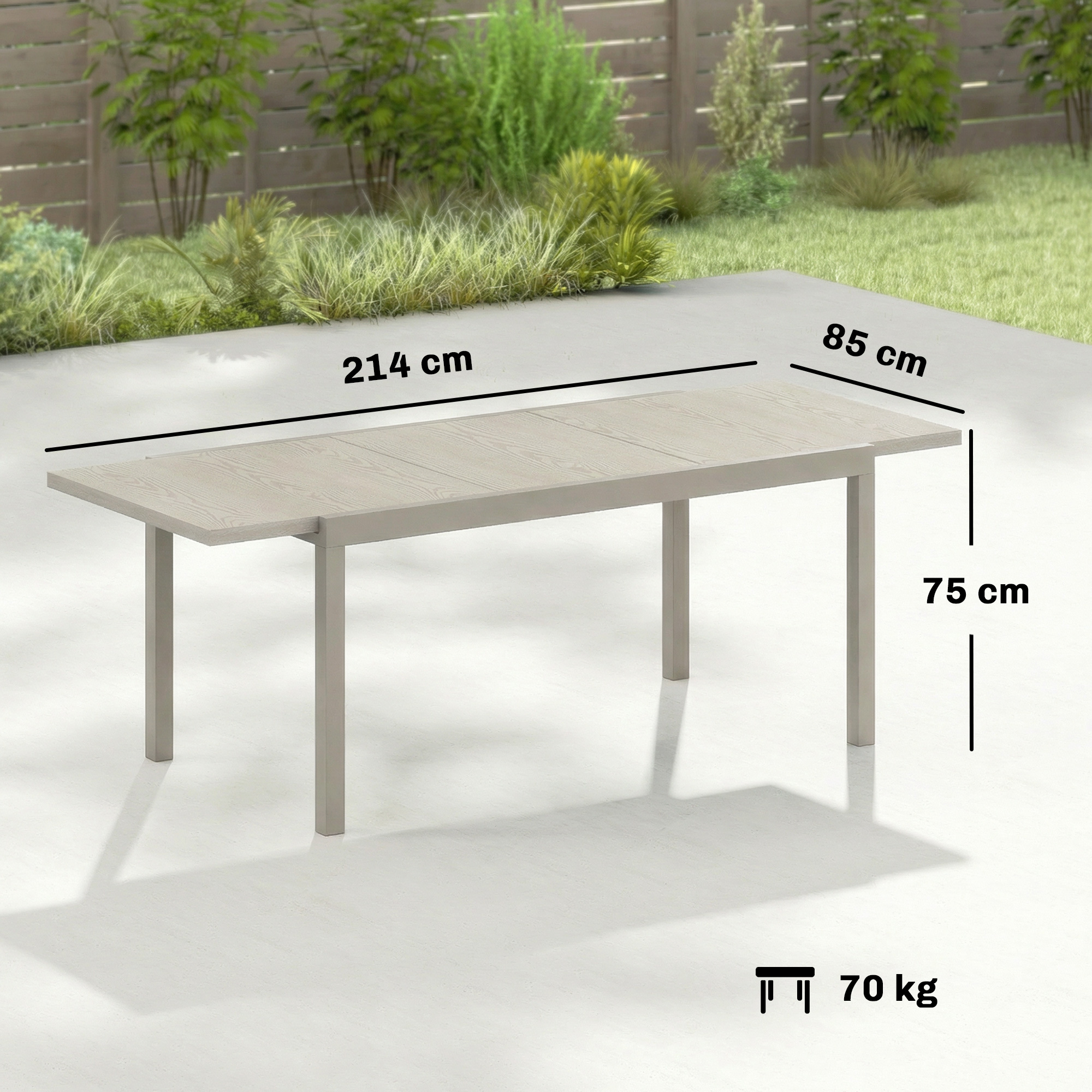 Gartentisch Ausziehbarer 154/214 x 85 cm Aluminium Esstisch für 8-10 Personen mit Holzoptik Hellgrau