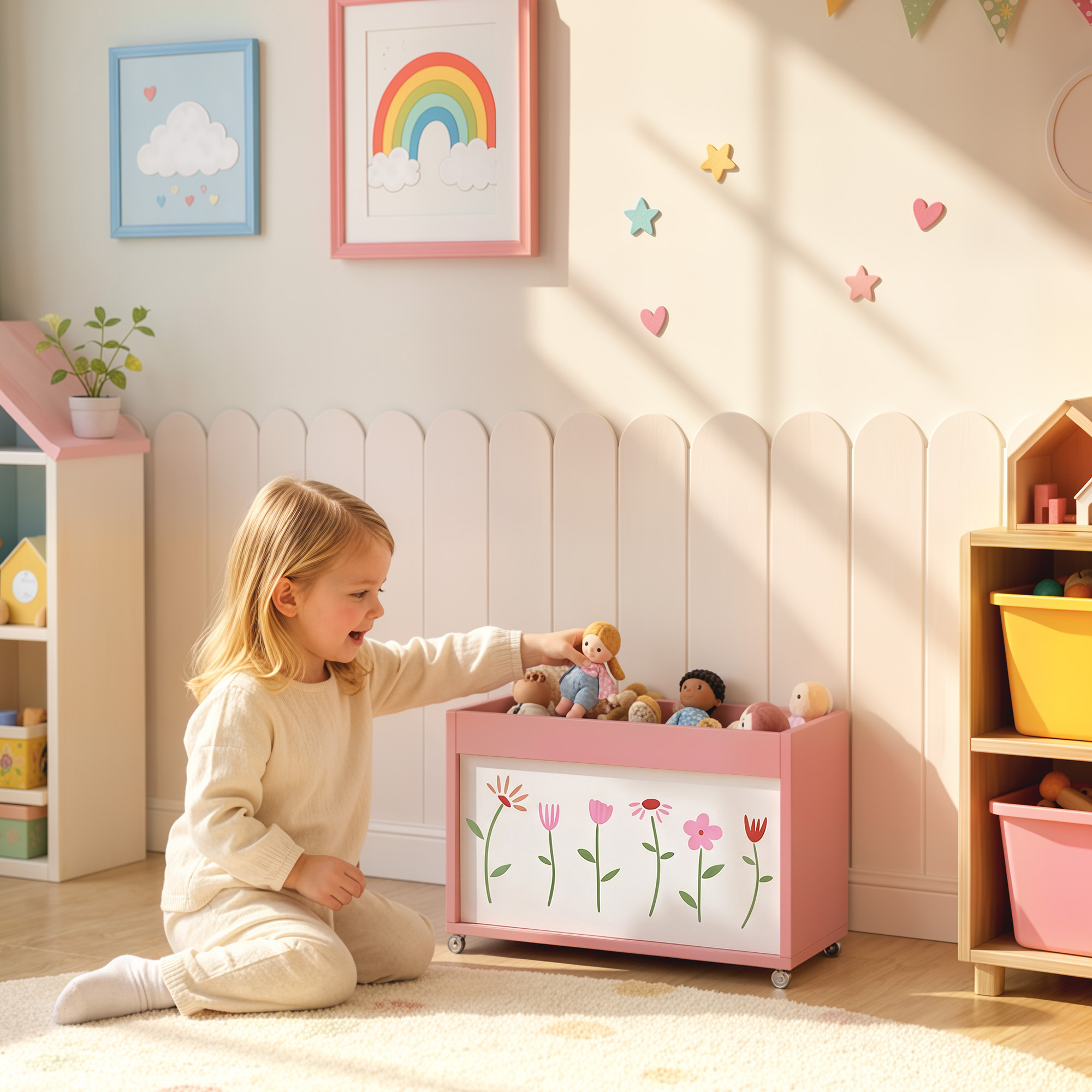Spielzeugkiste, Aufbewahrungsbox mit Rollen Bremsen, 34,5 L offene Spielzeugtruhe mit Blumenmuster, 50 x 30 x 33,5 cm