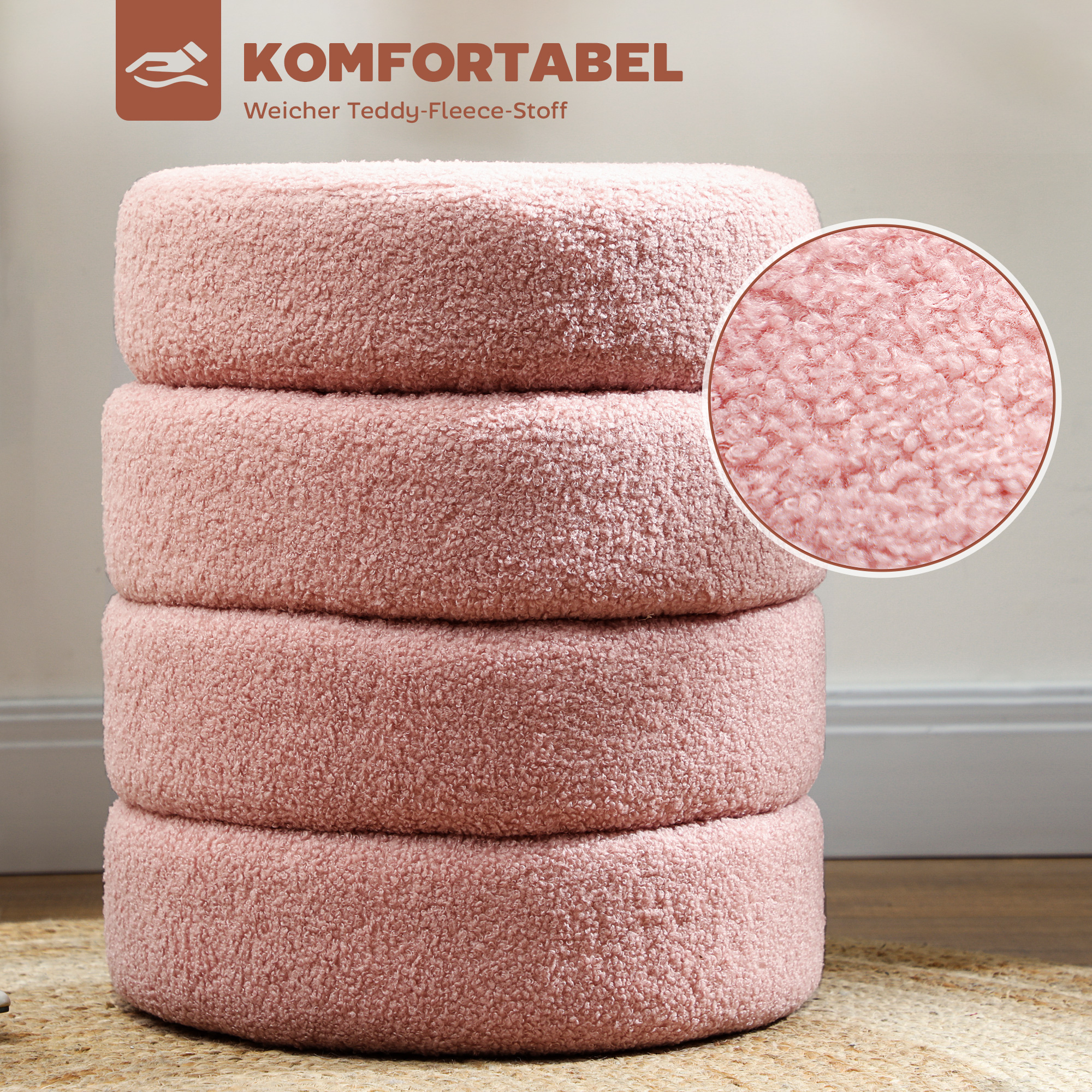 Hocker, rund, Teddyfleece, bis 120kg, Φ40x45H cm, Rosa
