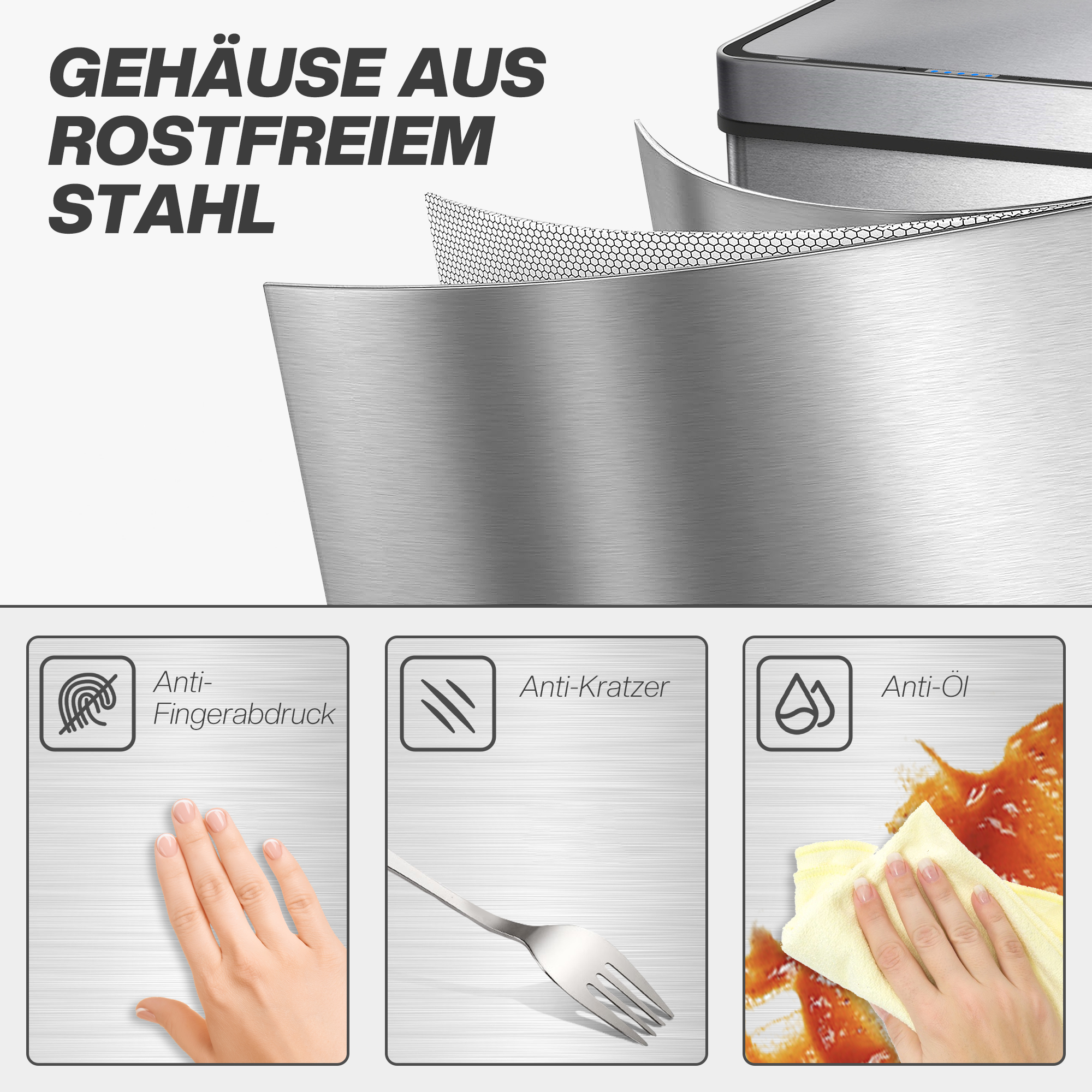 60l Sensor-Mülleimer, automatischer Deckel, Edelstahl, vielseitig einsetzbar, Silberfarben