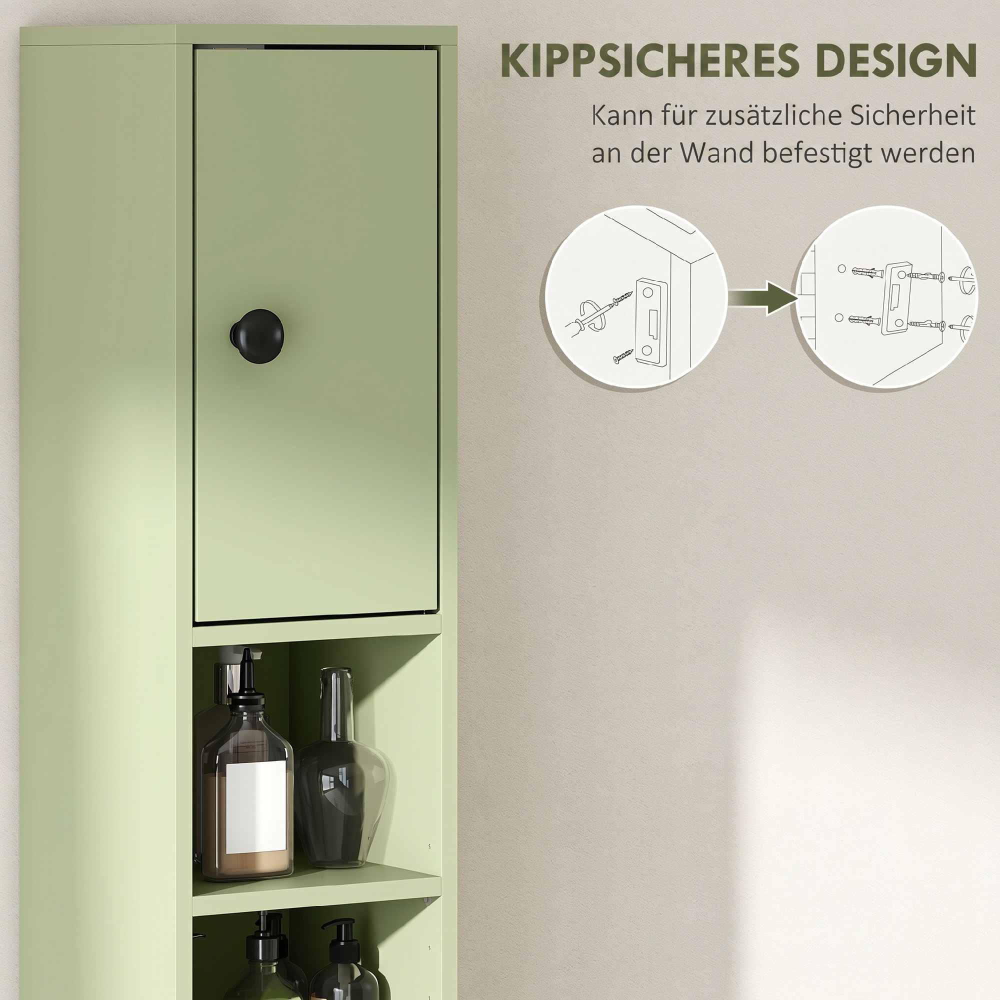 Badezimmerschrank schmal mit Schublade und 4 offenen Fächern für kleine Räume 20 x 20 x 180 cm Grün