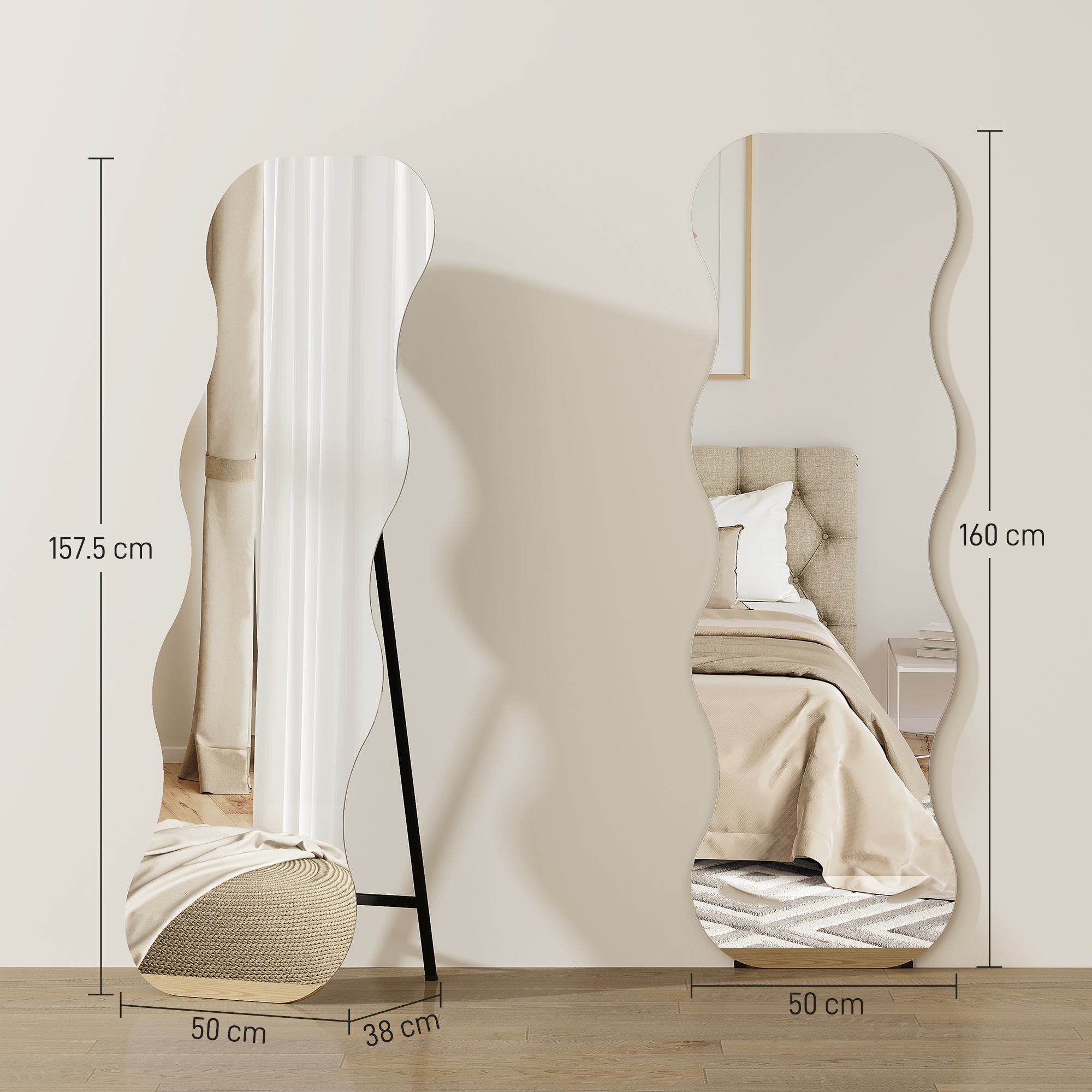 Ganzkörperspiegel ohne Rahmen, Holzbasis, flexibel platzierbar, Wellenform, Schwarz