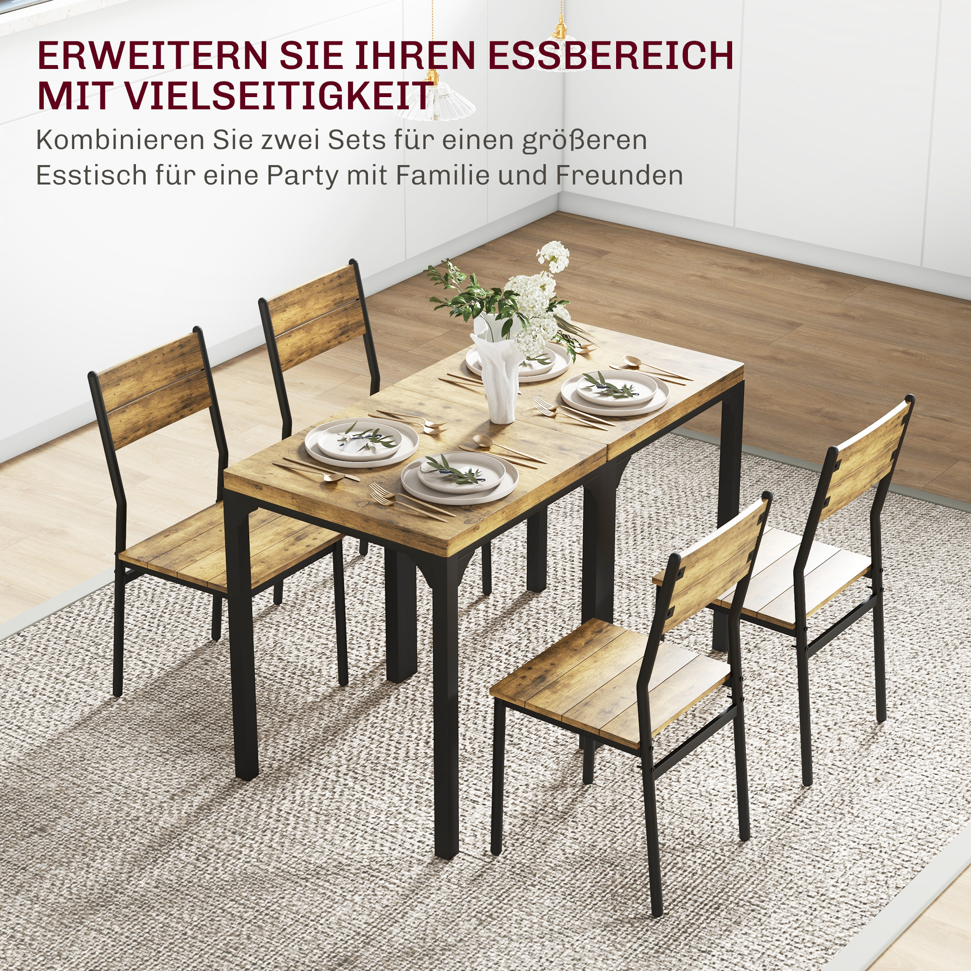3-teilige Essgruppe, Esstisch-Set, 1 Tisch, 2 Stühle, MDF+Metall, Braun