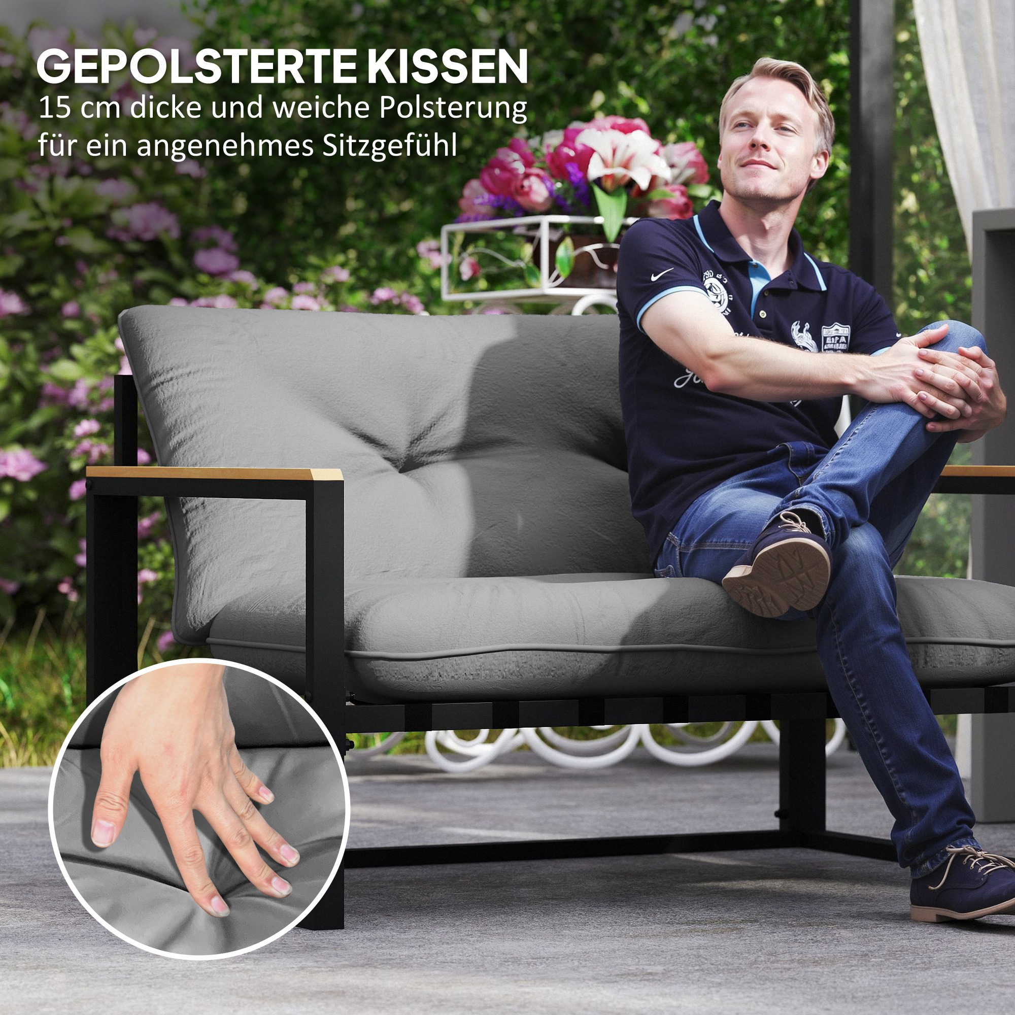 Gartenmöbel Set 4 Personen wetterfest Balkonmöbel-Set mit 2er Sofa, Sessel Sitzkissen Hellgrau