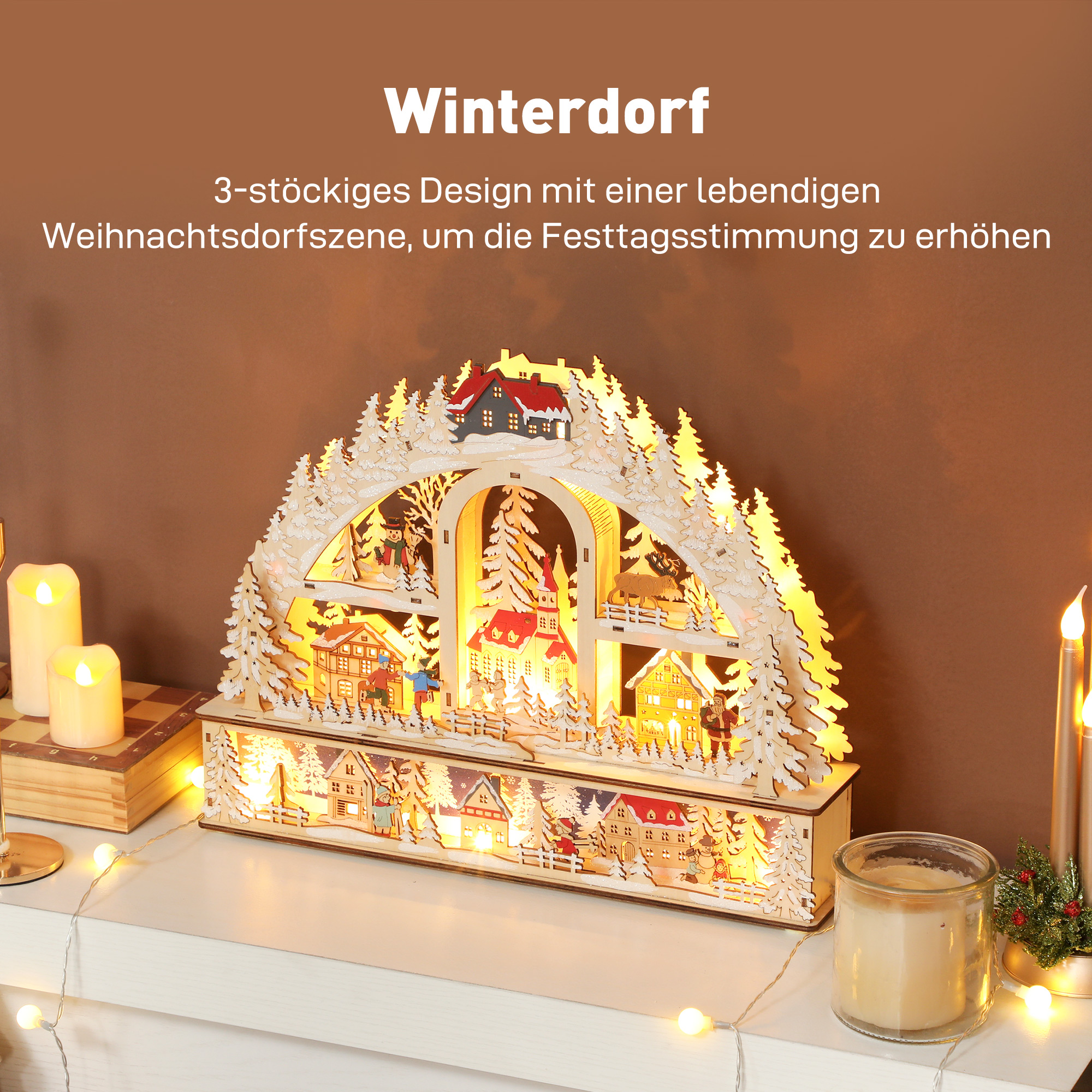 Weihnachtsdorf mit LED-Leuchtung, 45 cm Weihnachtsstadt mit Schneemann, Renntier und Bäume Naturholz