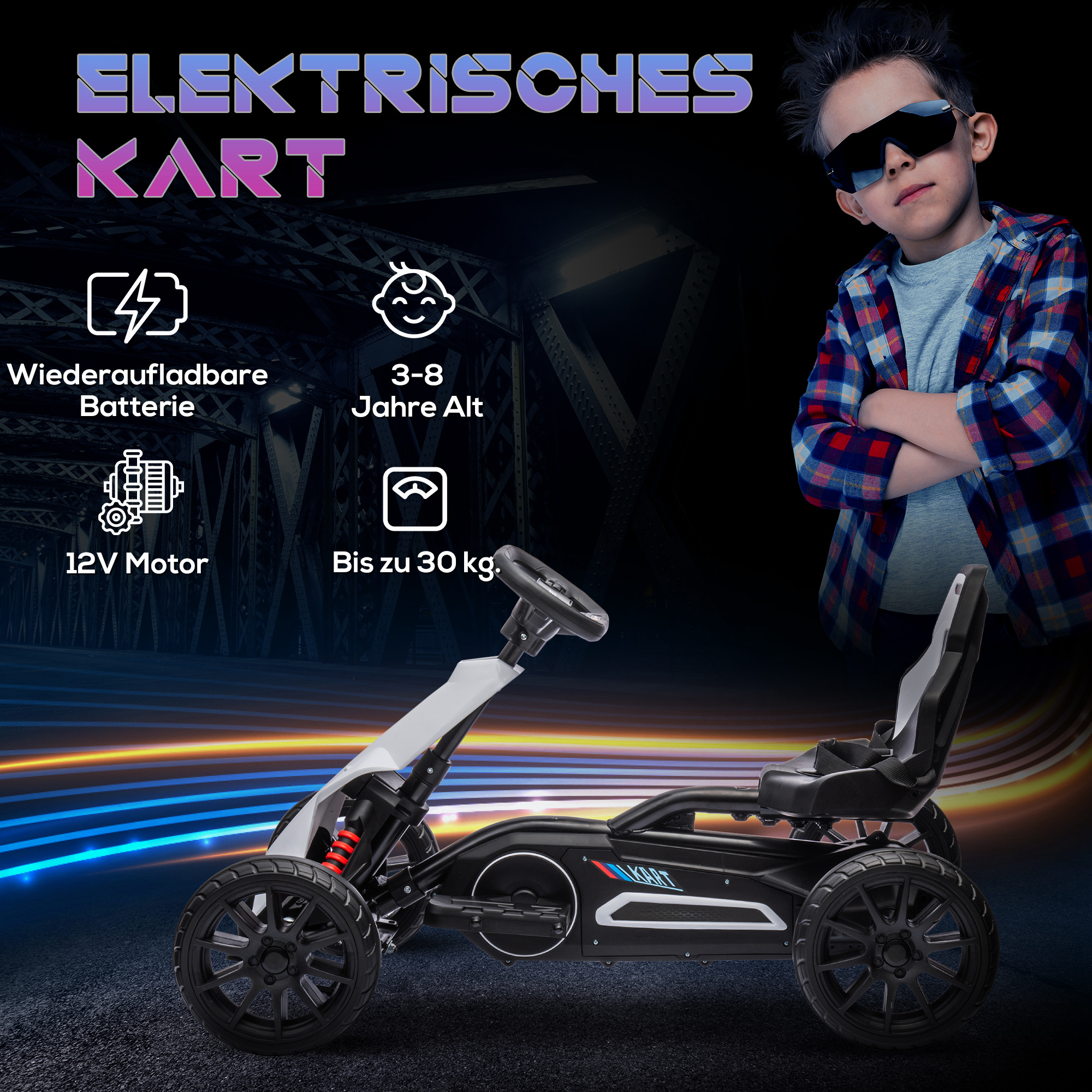 Go-Kart für Kinder, Elektro-Kart, bis 5 km/h, Sicherheitsgurt, Sitz mit Rückenlehne, Kunststoff, Metall, Weiß