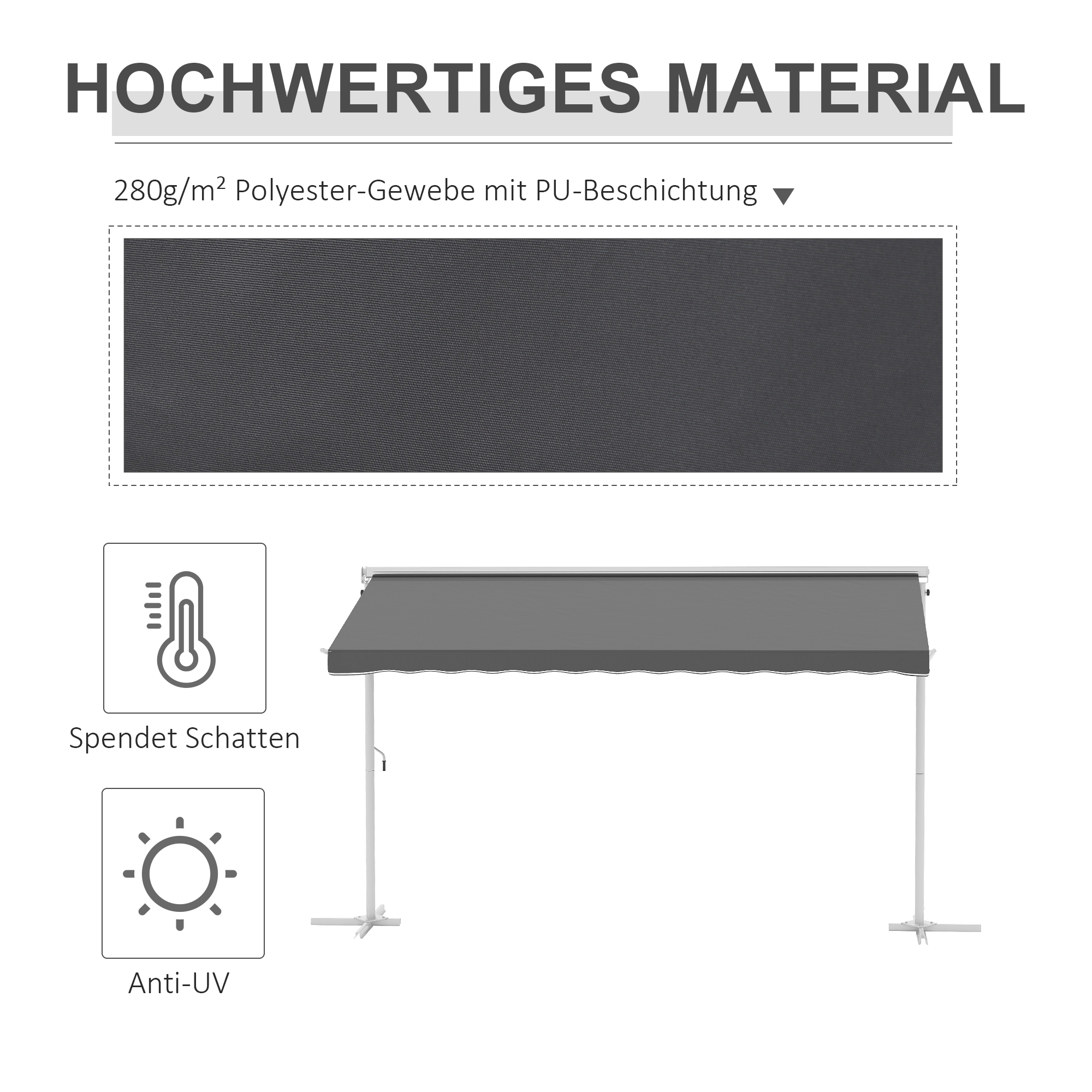 freistehende Markise, neigungsverstellbar, Handkurbel, Metallgestell, wetterfest, 4x3m, Grau