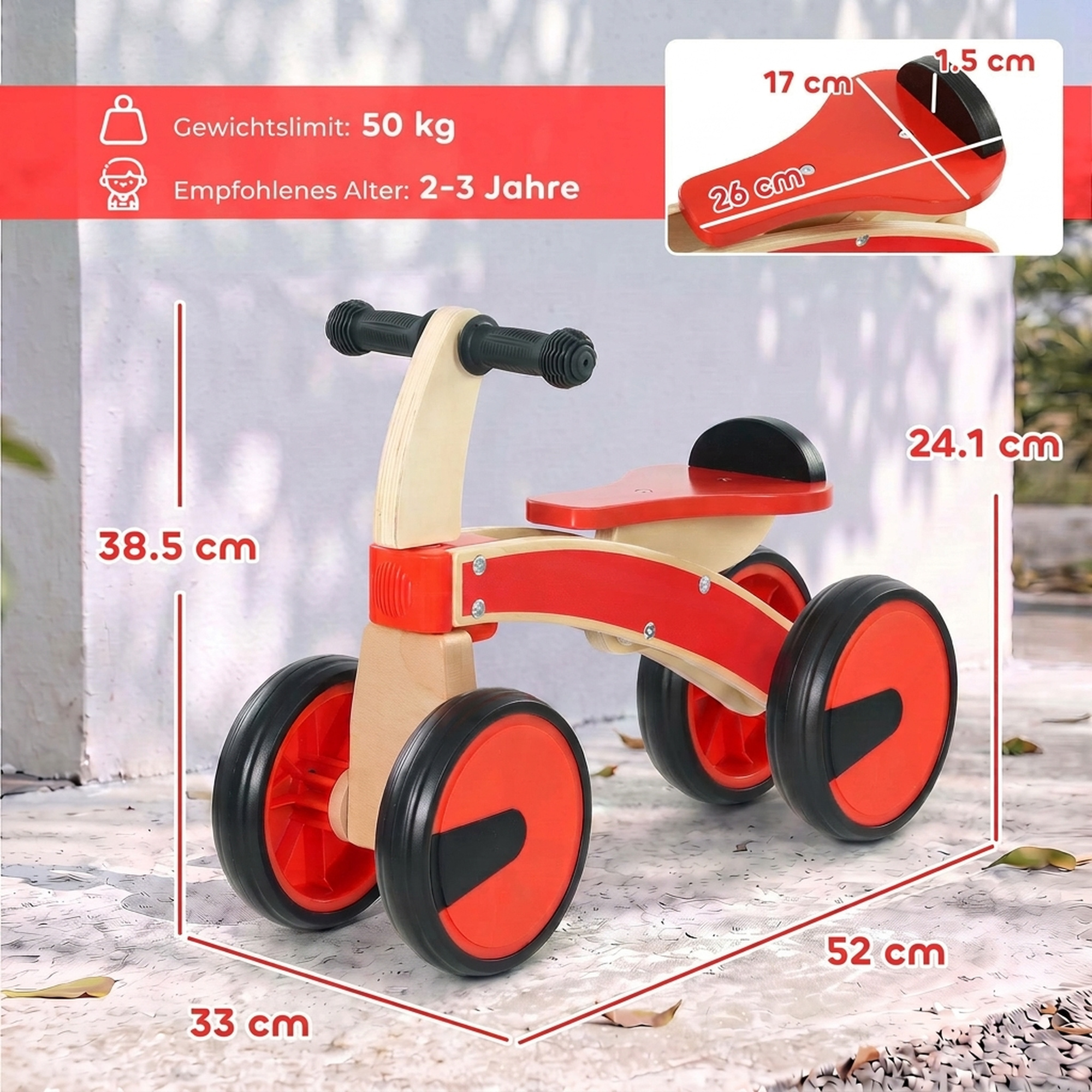 Rutschauto Kinder, Holz Rutschfahrzeug mit EVA-Rädern, höher Rückenlehne Kinder von 2–3 Jahre, Rot