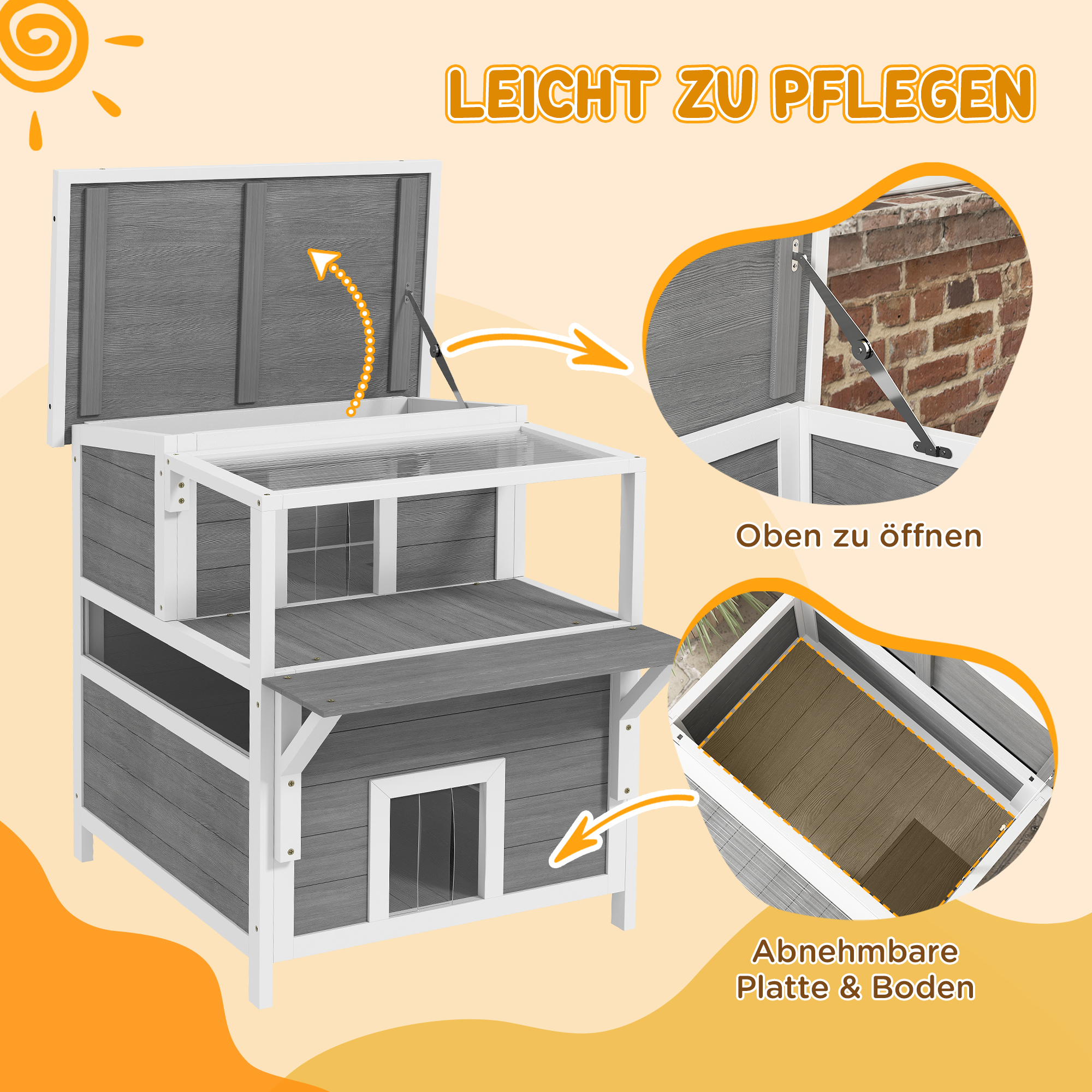 2-stöckiges Katzenhaus mit Balkon, Wetterfeste Katzenhütte, Regen- und Sonnenschutz, für drinnen und draußen, Hellgrau
