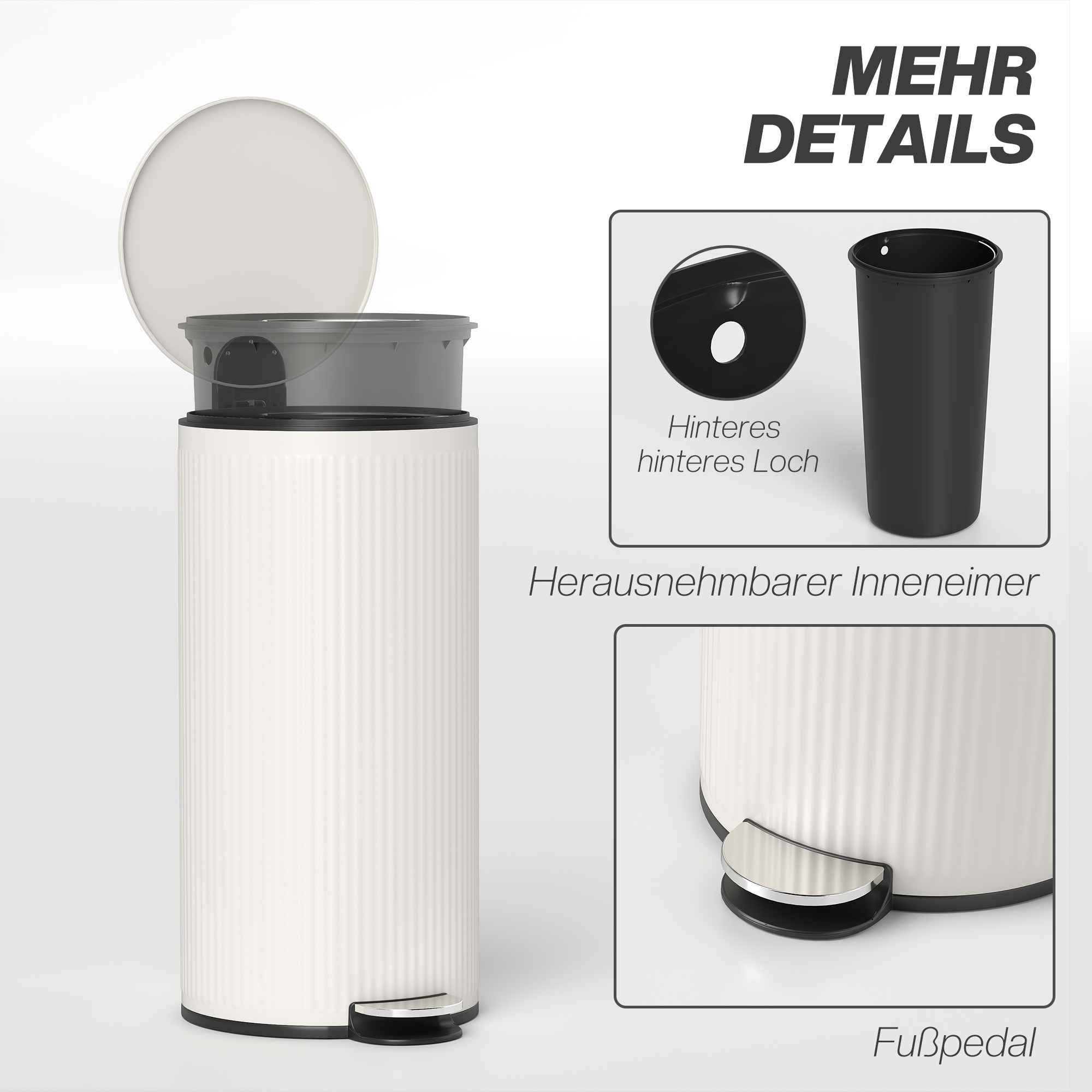 Mülleimer 30L Treteimer mit Softclose-Deckel und Pedal, Inneneimer Metall, Schwarz, 36 x 30 x 60,5 cm