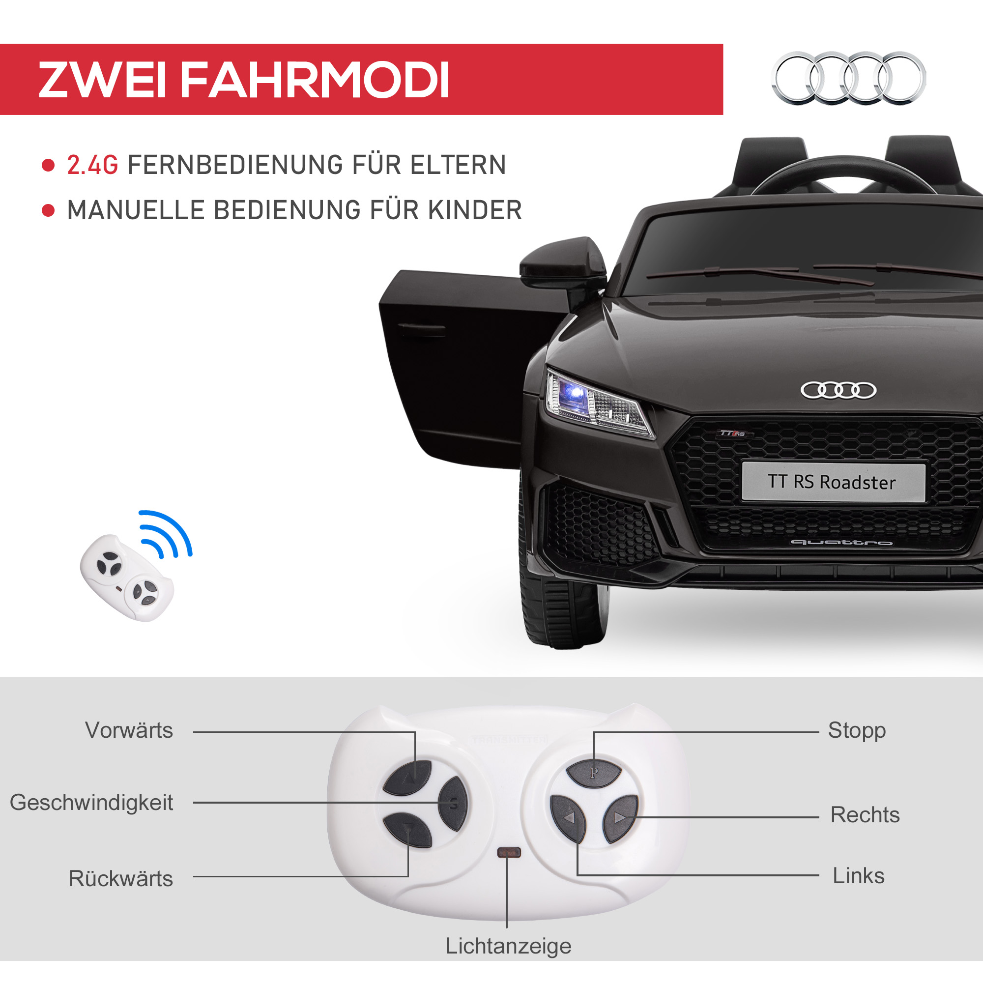 Kinderfahrzeug Audi TT RS Roadster, 3 km/h, Fernbedienung, LED, USB, schwarz