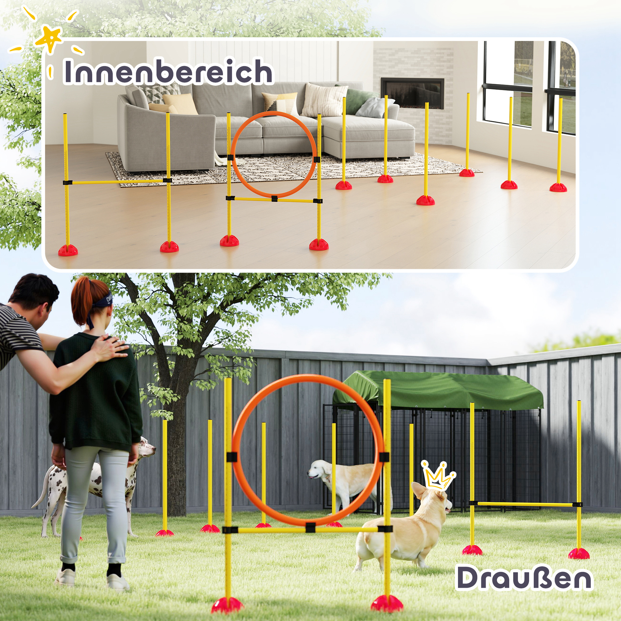 Agility Set Hunde 3-teiliges befüllbar Agility-Ausrüstung für Hundetraining Steckhürdenset mit Slalomstangen
