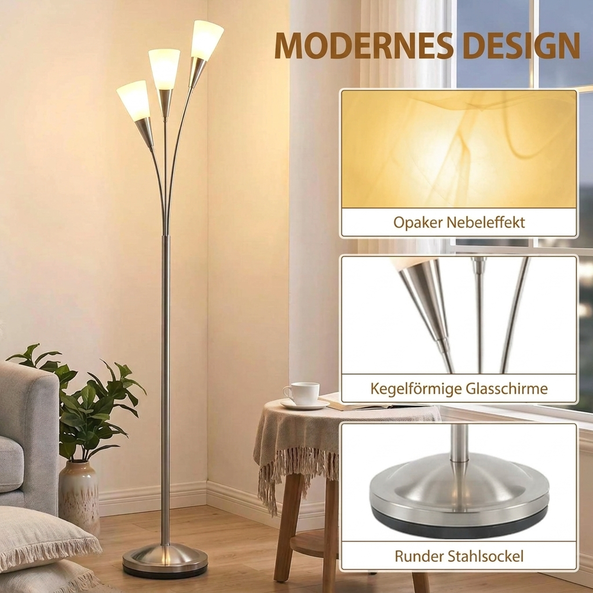Stehlampe Wohnzimmer 40 W Stehleuchte mit Fußschalter, 3 x E14-Fassung für Schlafzimmer, Büro, Ohne Glühbirne, Silber