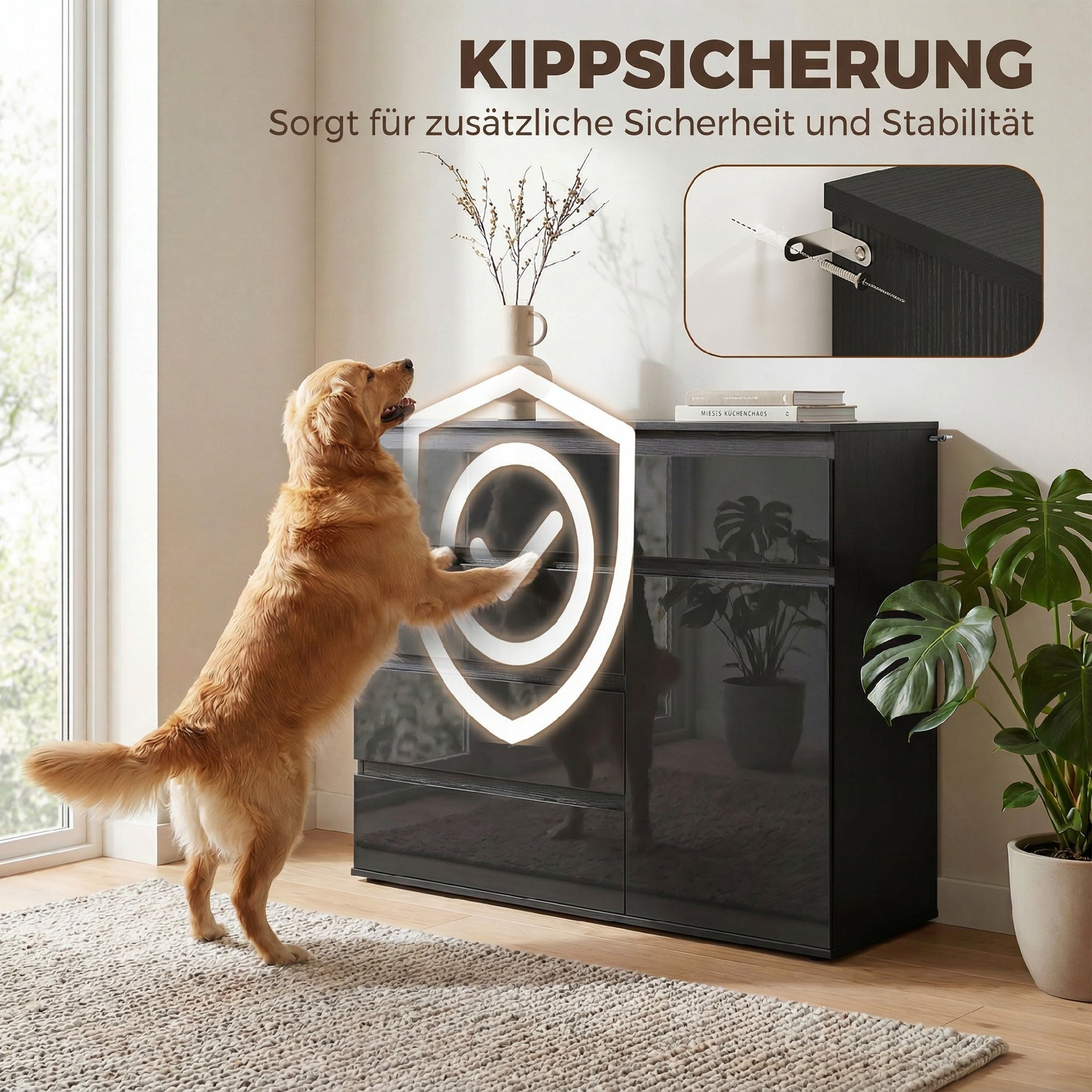 Modernes Sideboard, Stauraum-Sideboard mit 5 Schubladen, verstellbarem Regal, Soft-Close-Tür, Schwarz Hochglanz